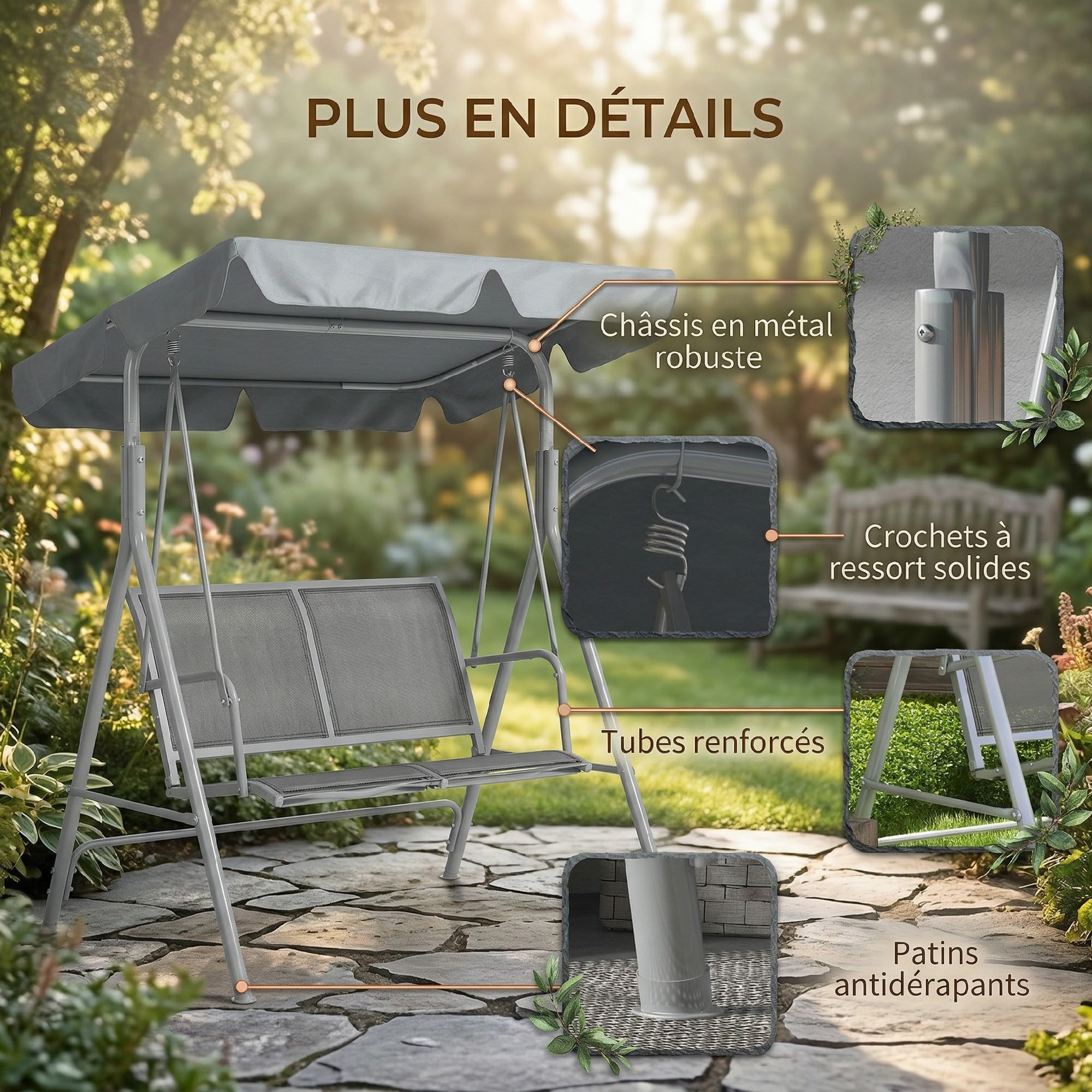 Outsunny Balancelle de Jardin 3 Places Grand Confort Toit imperméable Structure en Acier Gris
