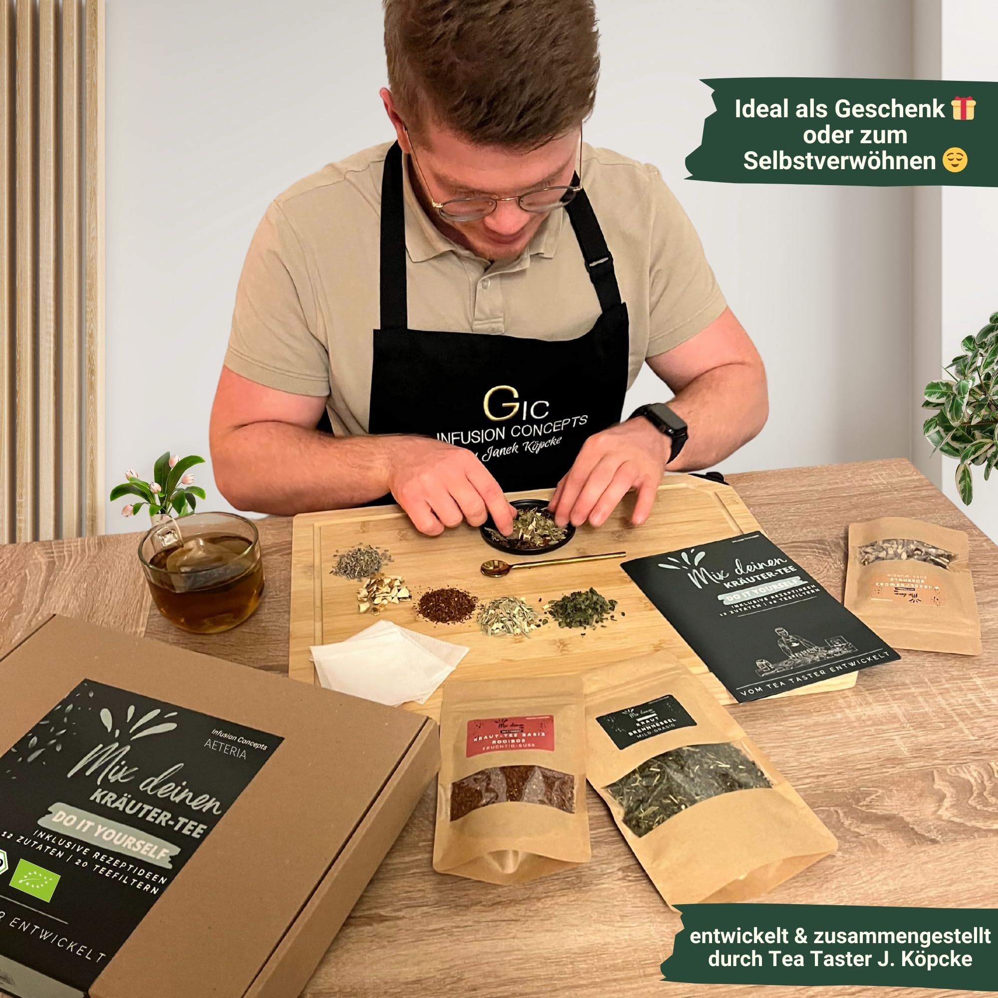AETERIA® | Vom Tea Taster: BIO Mix deinen Kräutertee | Geschenkset – 12 Zutaten, Rezeptideen & Teefiltern | Kreatives Tee-Geschenk | DIY Teemischung selber machen Set - entdecke deinen Lieblingstee!