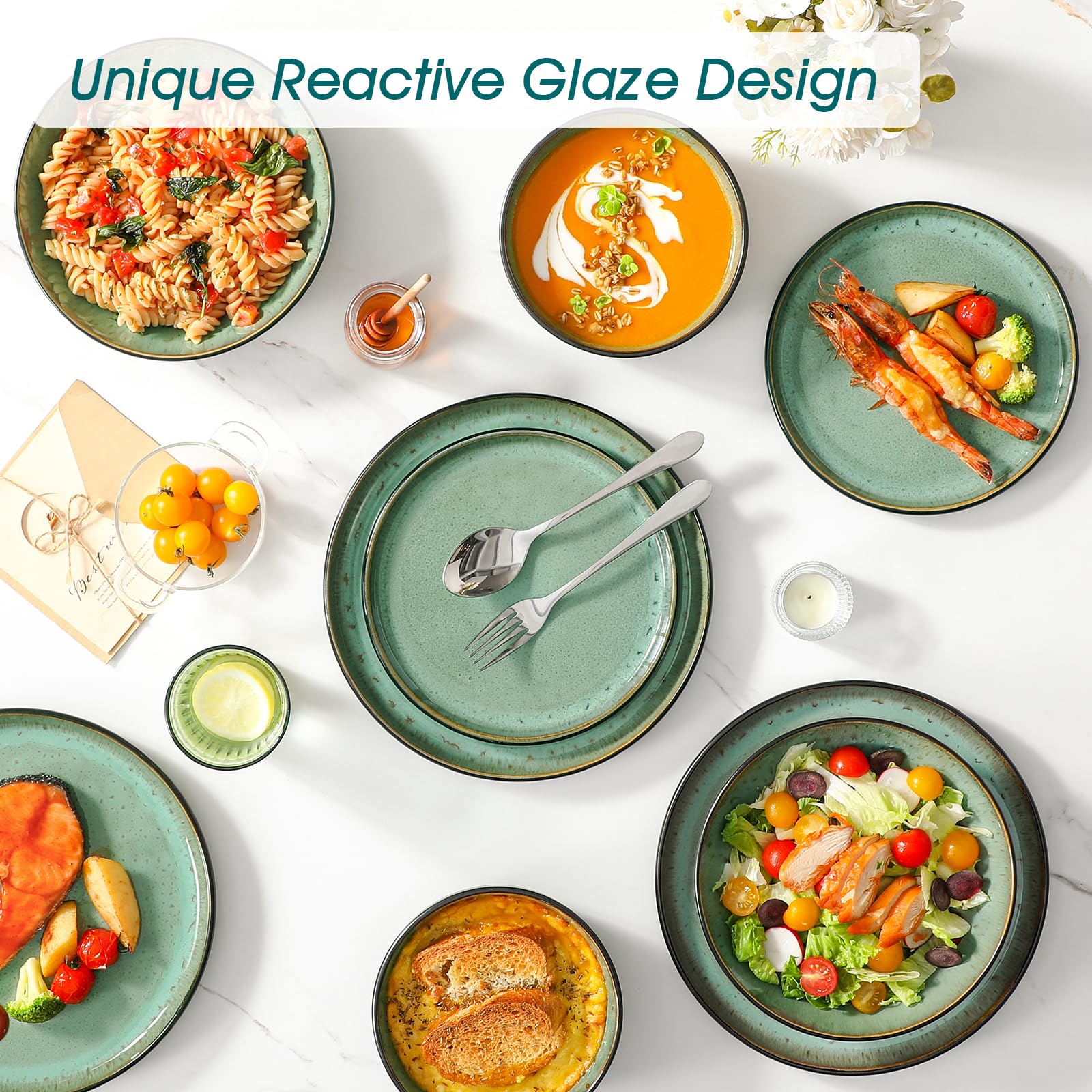vancasso Amber 24 Pieces Dinner Set for 6, Reactive Glaze Stoneware Plates and Bowls Set, Green Crockery Set with Dinner Plates, Dessert Plates, Soup Bowls & Cereal Bowls, Microwave & Dishwasher Safe — view 6