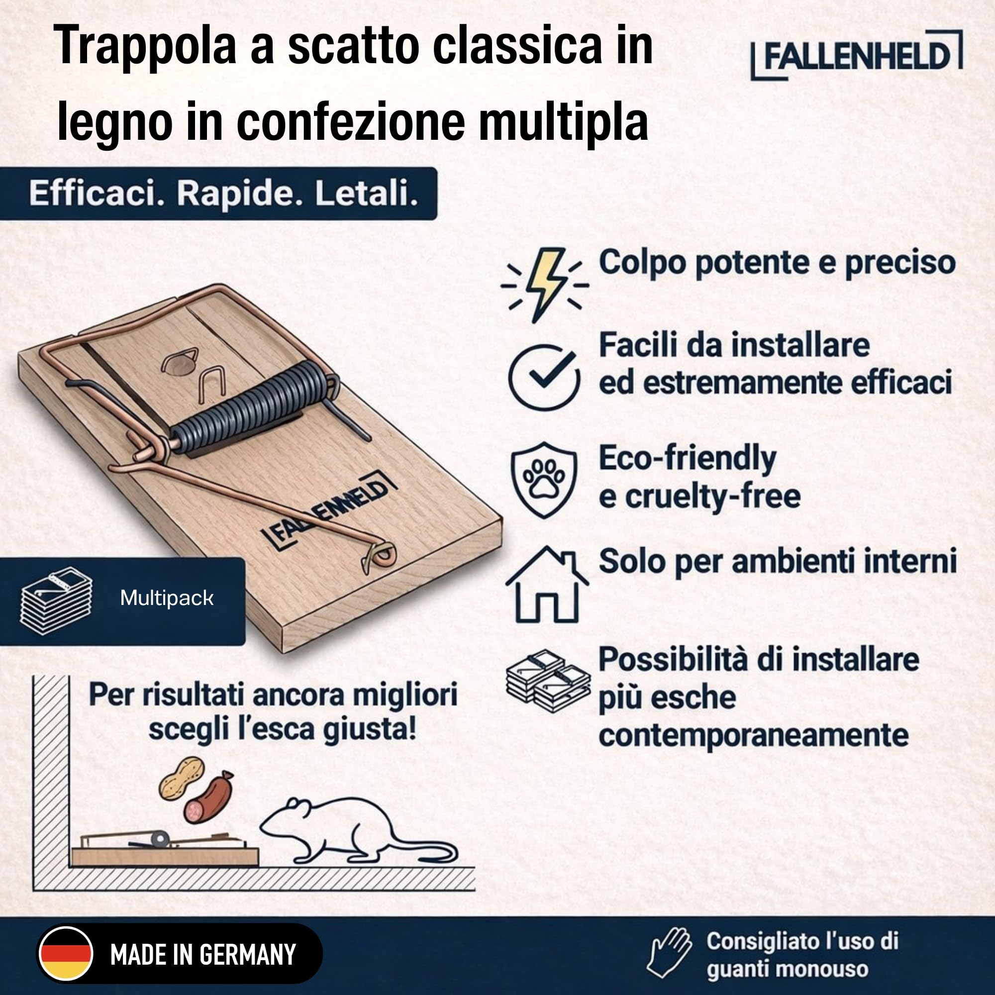 Set da 5 trappole per topi in legno di faggio – Alta potenza – Riutilizzabile – Senza sostanze chimiche – 9,5 x 5 x 1,5 cm