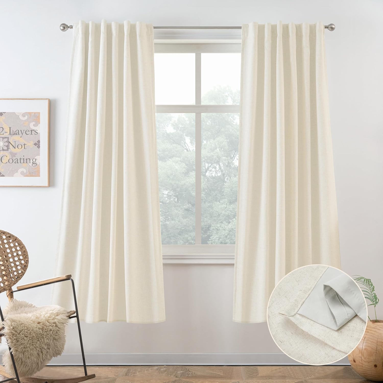 DriftAway 100% Blackout Natural Linen Curtains for Bedroom 63 Inches Long Double Layer Drape Farmhouse Thermal Insulated 3 Inch Rod Pocket Back Tab Full Light Blocking 2 Panels for Living Room Nursery Light Linen 52"W x 63"L (Pack of 2)