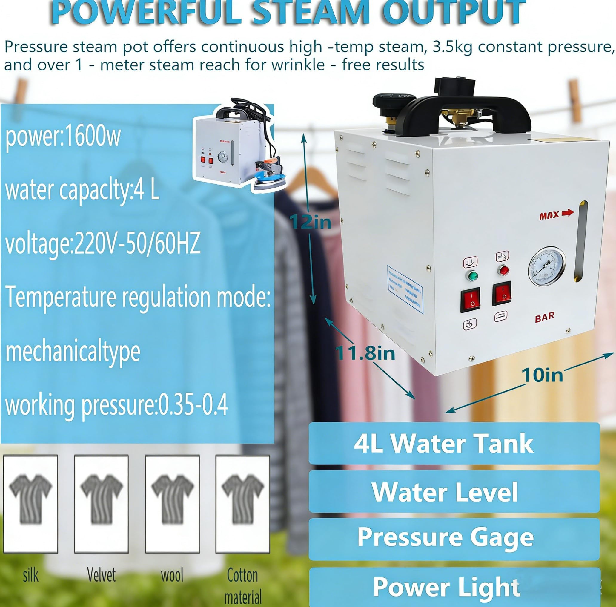 Ferro da Stiro a Vapore Portatile, generatore di Vapore Professionale da 900 W con Serbatoio dell;Acqua da 4 Litri, Ferro da Stiro Elettrico per Stirare Vestiti e Tende, Cura
