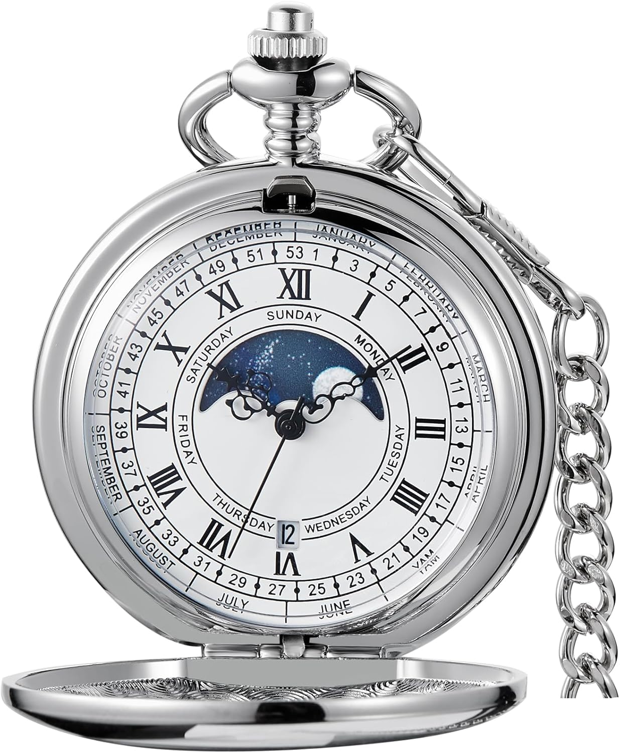 Pocket Watch Moon Phase Calendar Roman Numerals Scale Quartz Pocket Watches with Chain Best Gifts