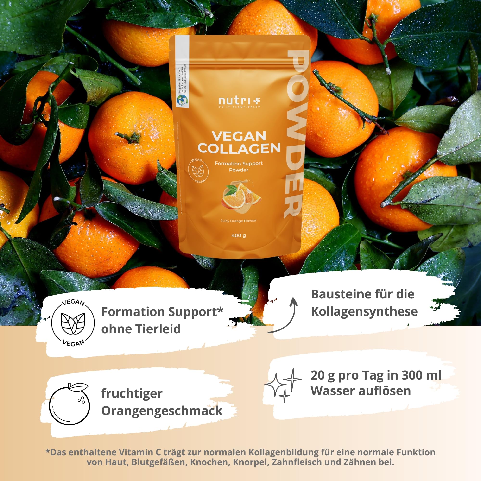Nutri + Vegan Collagen Formation Support - Pulver zur Unterstützung der Kollagenbildung bzw. Kollagen Peptiden - mit Hyaluronsäure - 400 g Orange