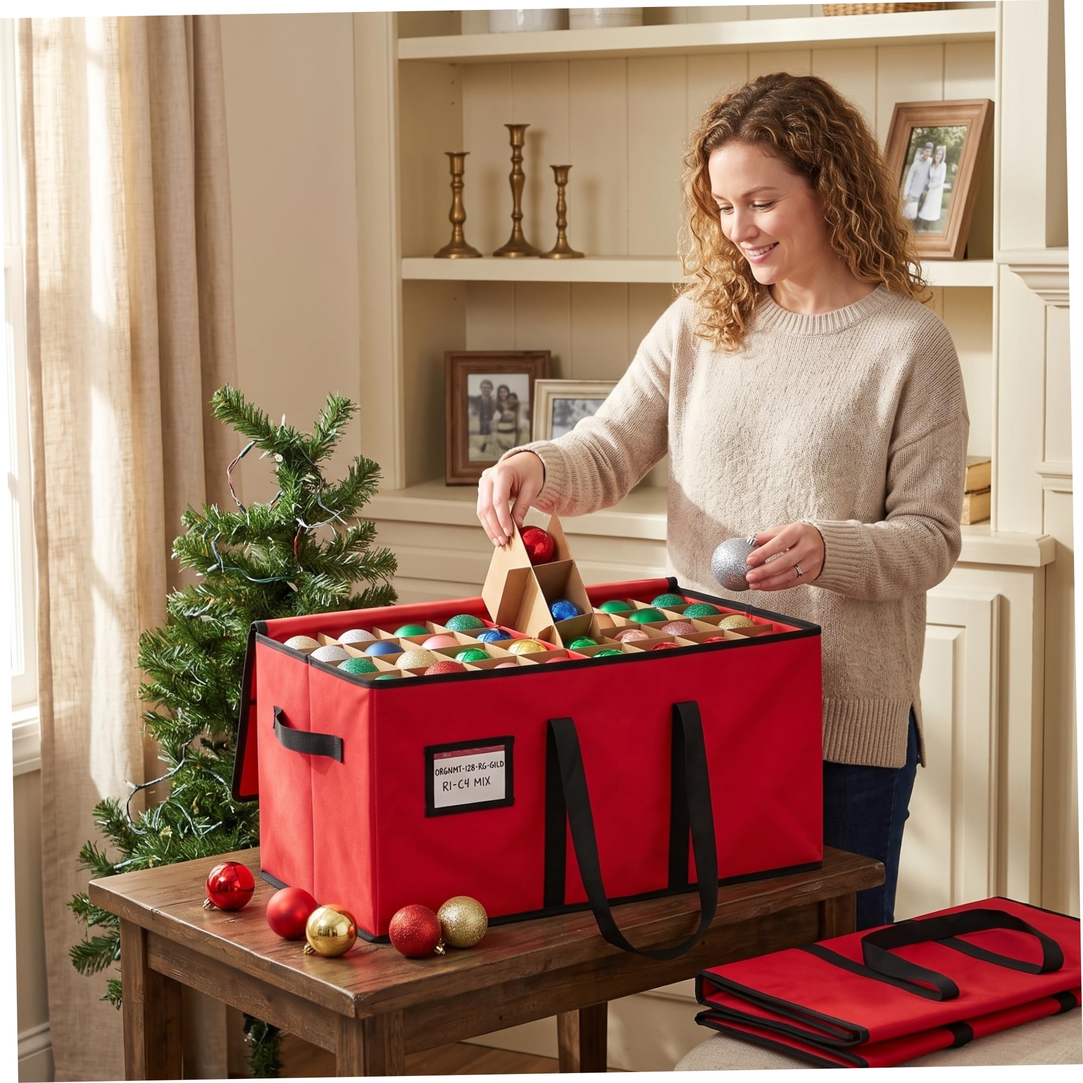 Almacenamiento de adornos navideños Almacenamiento navideño plegable de 128 compartimentos Rojo