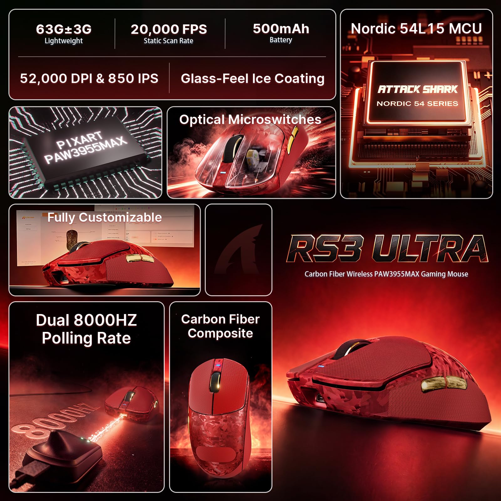 ATTACK SHARK RS3 Ultra Ratón Gaming Inalámbrico, Sensor PAW3955MAX, Chip Nordic 54L15, Fibra de Carbono, 8K Hz Polling, 52K dpi, Ultraligero 63g, BT/2.4G/Cable, Ratón Ergonómico para Esports, Rojo