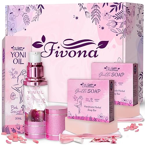 FIVONA Juego 3 en 1 de aceite Yoni con 2 barras de jabón Yoni Aceite vaginal natural equilibrado con pH femenino de 1.0 fl oz con jabón de hierbas