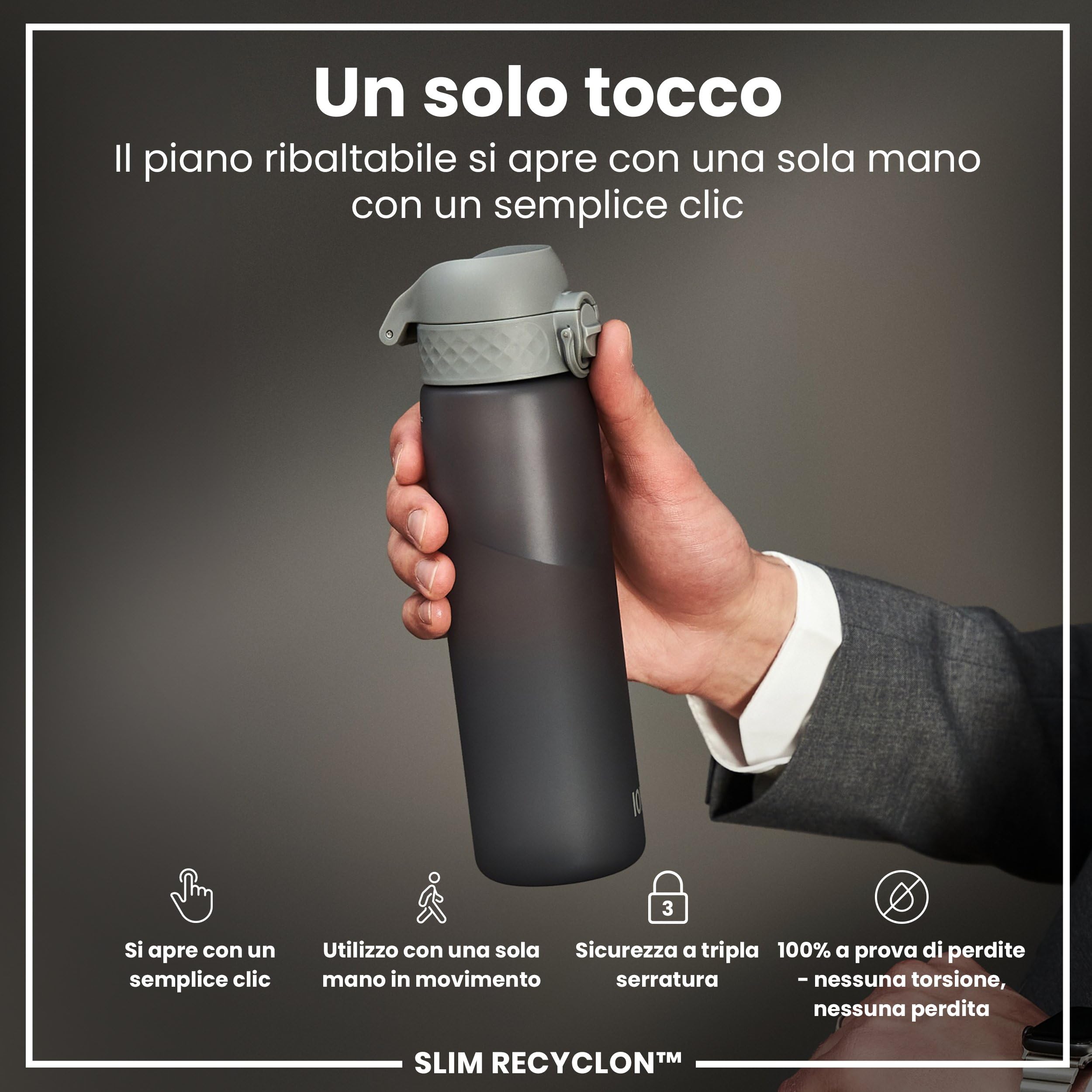 Ion8 Borraccia a Prova di Perdite, 500ml, Facile da Aprire, Serratura Sicura, Lavabile in Lavastoviglie, Senza BPA, Maniglia per il Trasporto, Adatta a Portabicchieri, Facile Pulizia, Grigio