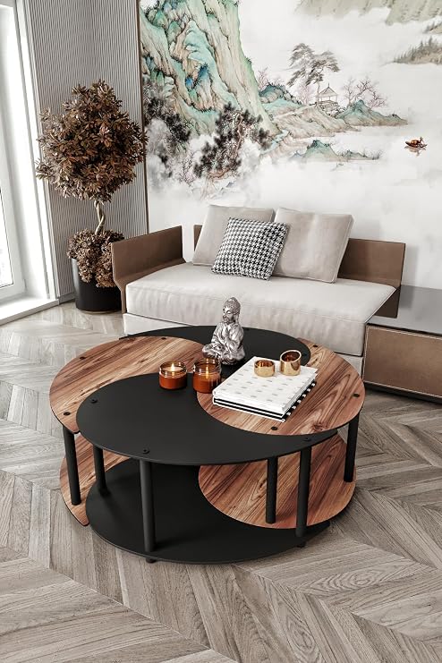 Yin Yang Unity Serenity 4’lü Orta Sehpa Seti – 90 cm | Modern, Fonksiyonel ve Şık Tasarım | Messer Kalitesiyle Tamamen Ahşap Orta Sehpa (Ceviz-Siyah)