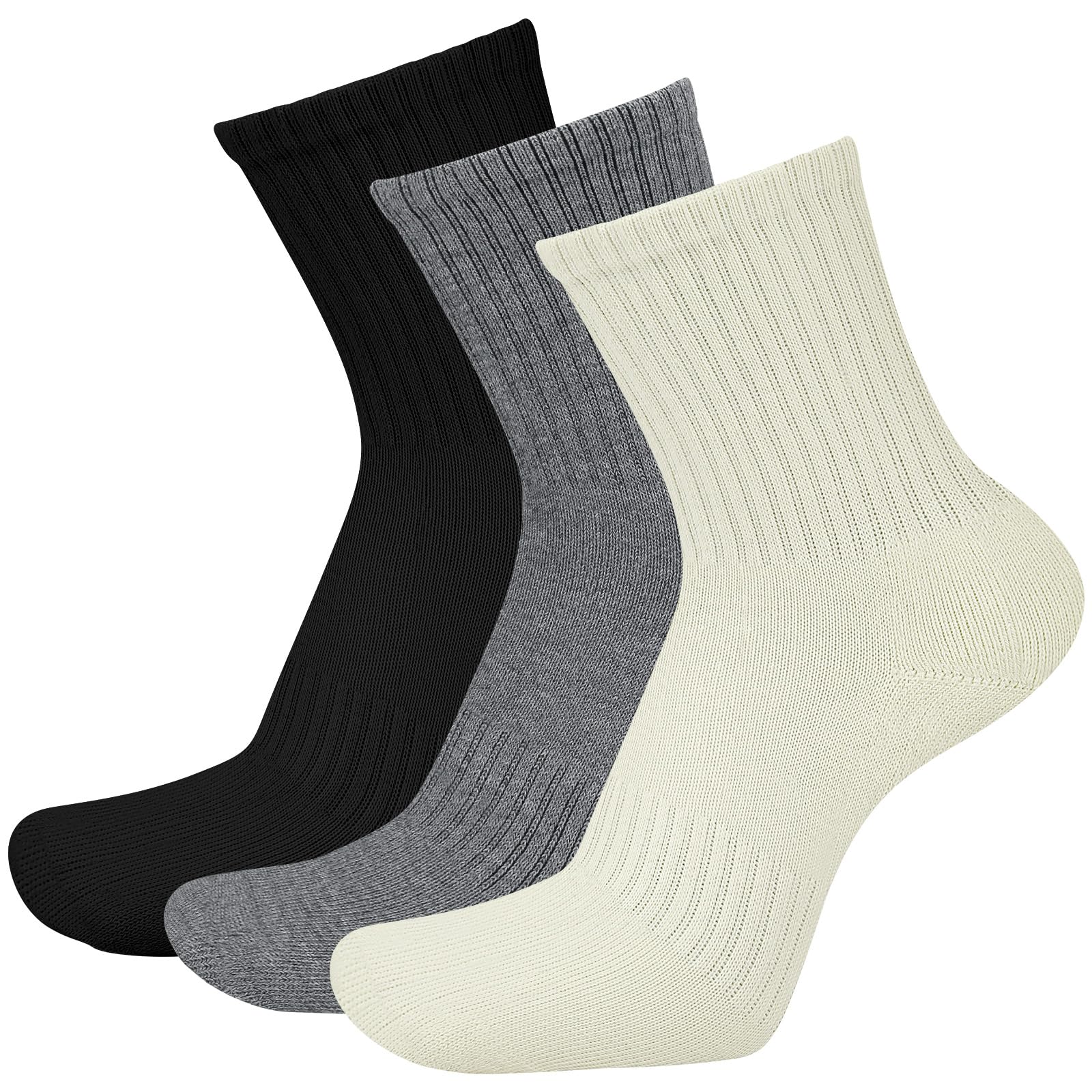 Queenshin 3 Pairs Athletic Socks Women Men Running White Black Gray Unisex Adults Ankle Crew Sock with Towel-bottom