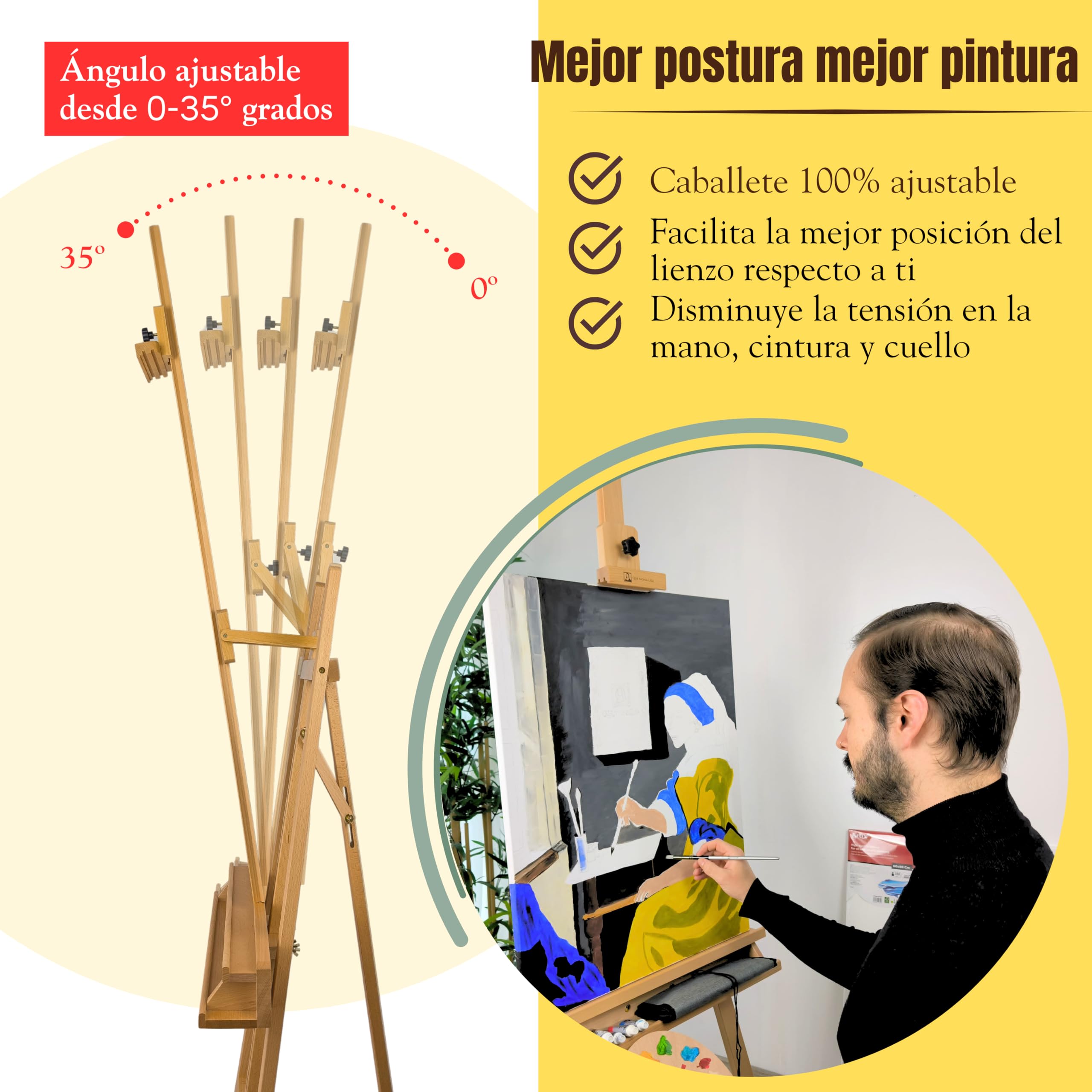 Caballete pintura profesional VERMEER Soporta lienzos grandes hasta 125 cm, Altura Ajustable desde 173-241 cm. Caballete Madera de Haya Fácil de Montar para Adultos, Artistas