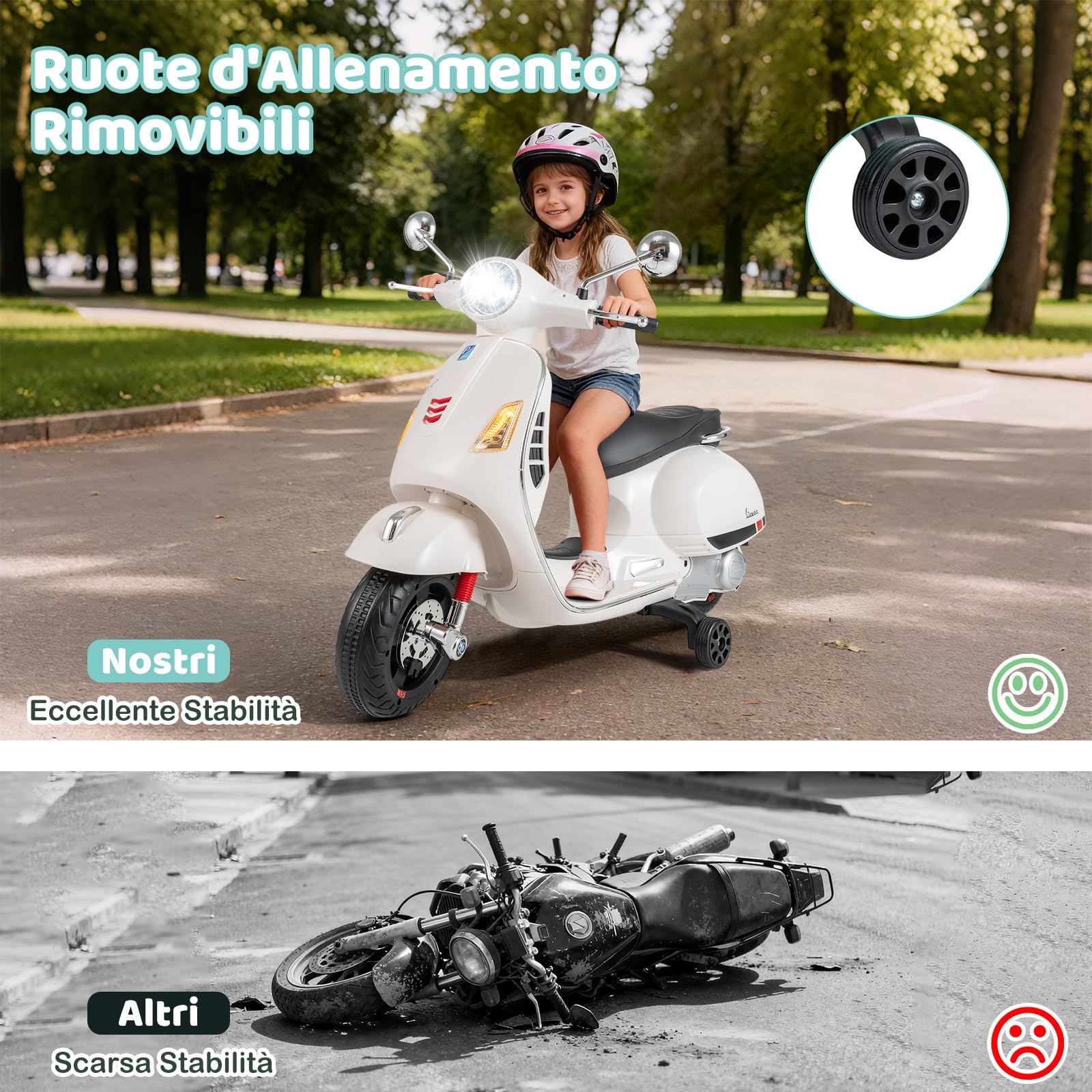 RELAX4LIFE Moto Elettrica per Bambini, Vespa Licenziato con Luci LED, Ruote di Addestramento, Musica, Clacson e Pulsante di Avvio Unico, Batteria da 12V, per Bambini 3-6 Anni (BIANCO)