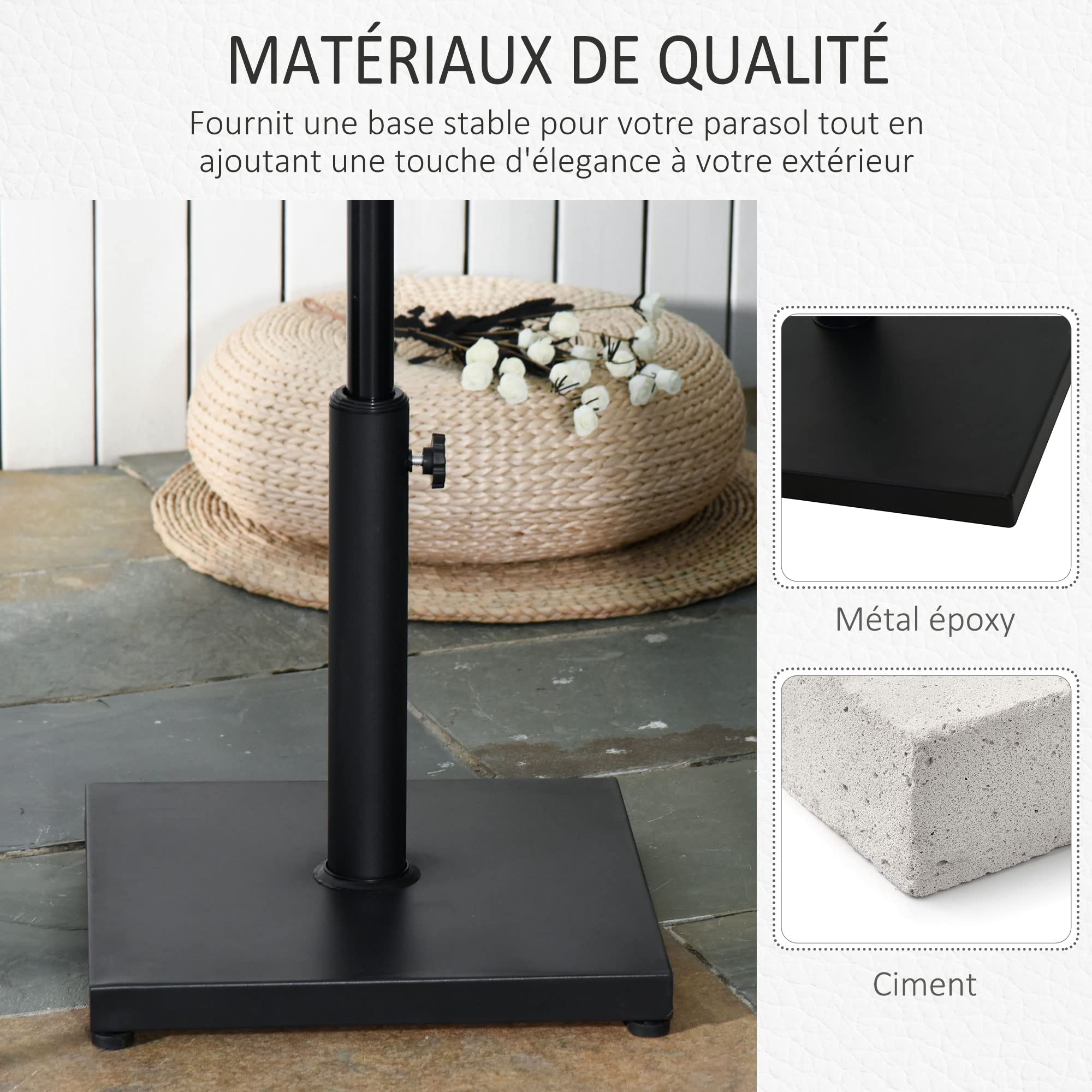 Outsunny Pied de Parasol Base de lestage Parasol carré dim. 40L x 40I x 43H cm Poids Net 13 Kg Ciment métal Noir