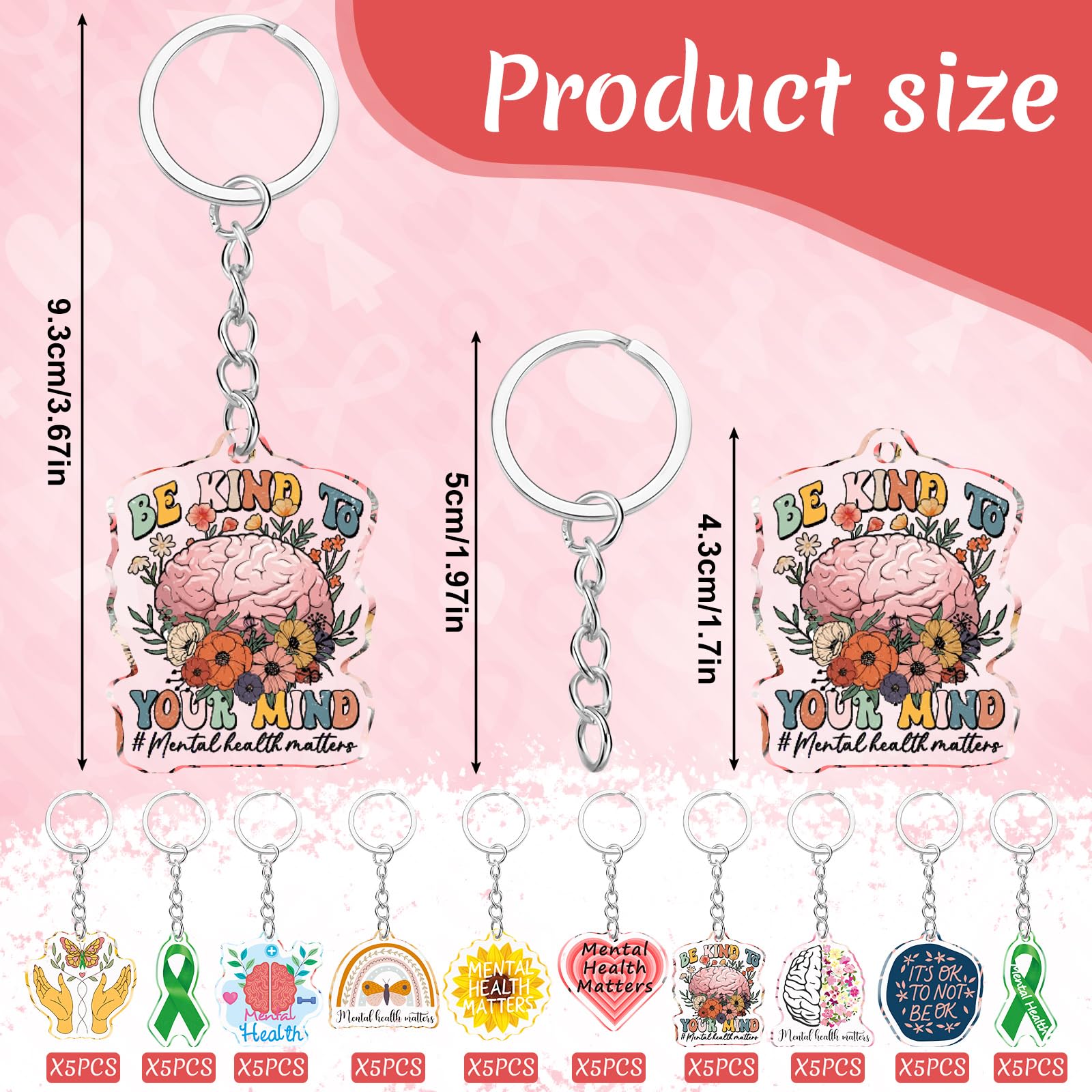 Remuuly 50 Pcs Mental Health Gifts for Women Healthy Keychain Gifts Acrylic Green Ribbon Inspirational Key Ring for Women Men