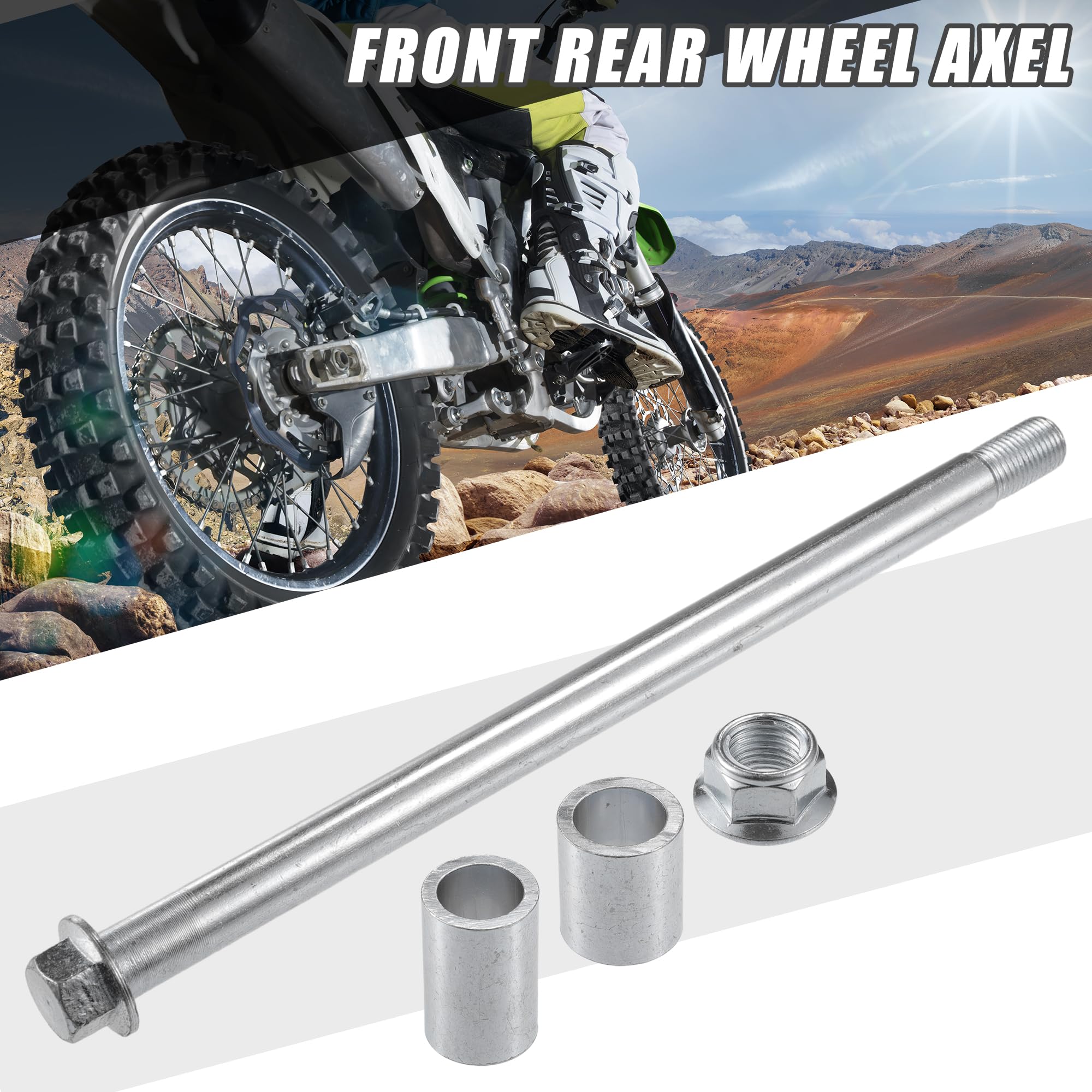 A ABSOPRO Asse anteriore posteriore con boccola e bullone a vite M14 258mm per moto da cross, scooter, ATV, asse ruota in lega d'acciaio tonalità argento