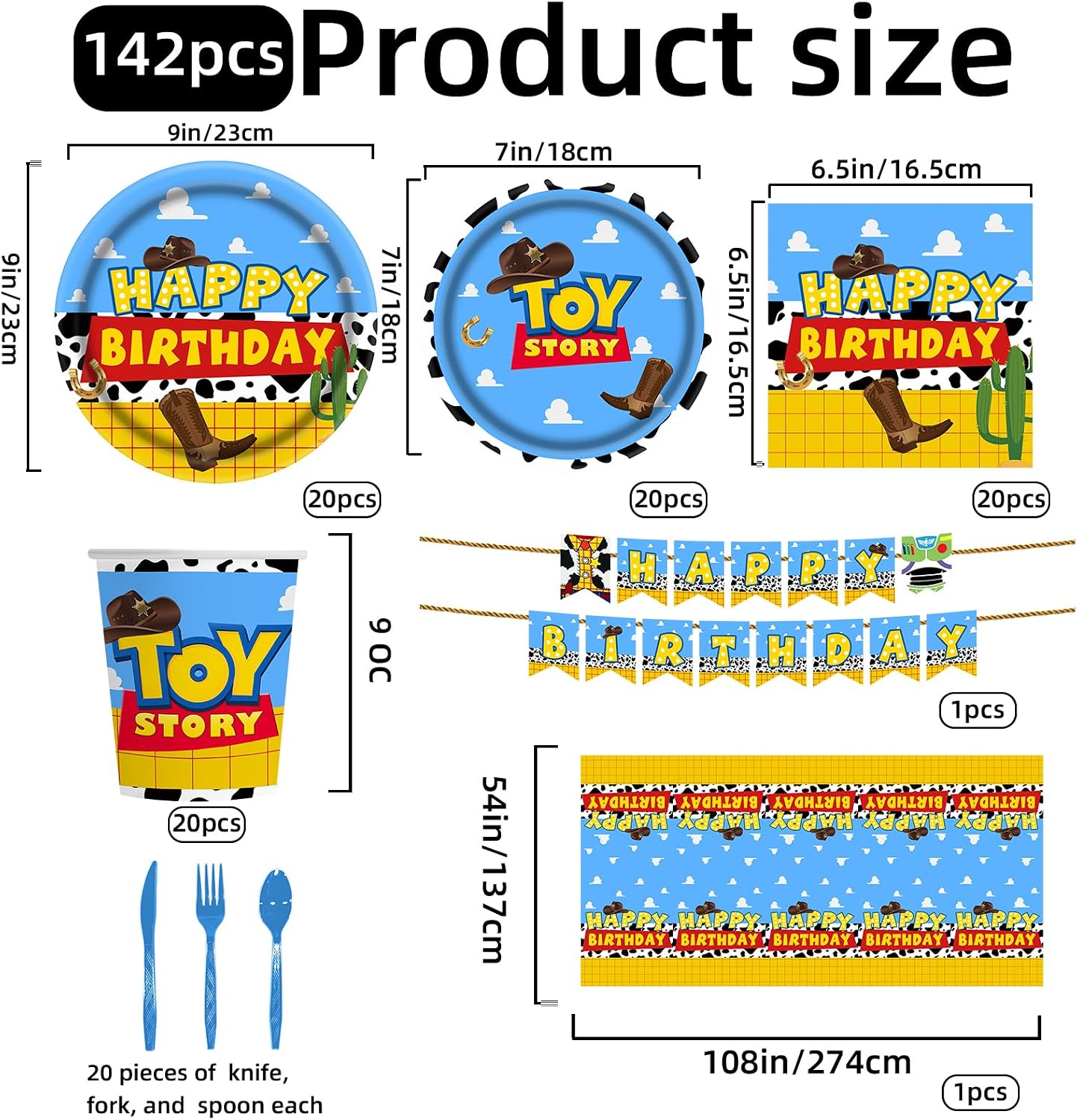 142Pcs Toy Birthday Party Supplies Include Paper Plates Napkins Cups Banner Tablecloth for Toy Birthday Party Decorations Disposable Tableware Set for Kids Serve 20 Guests