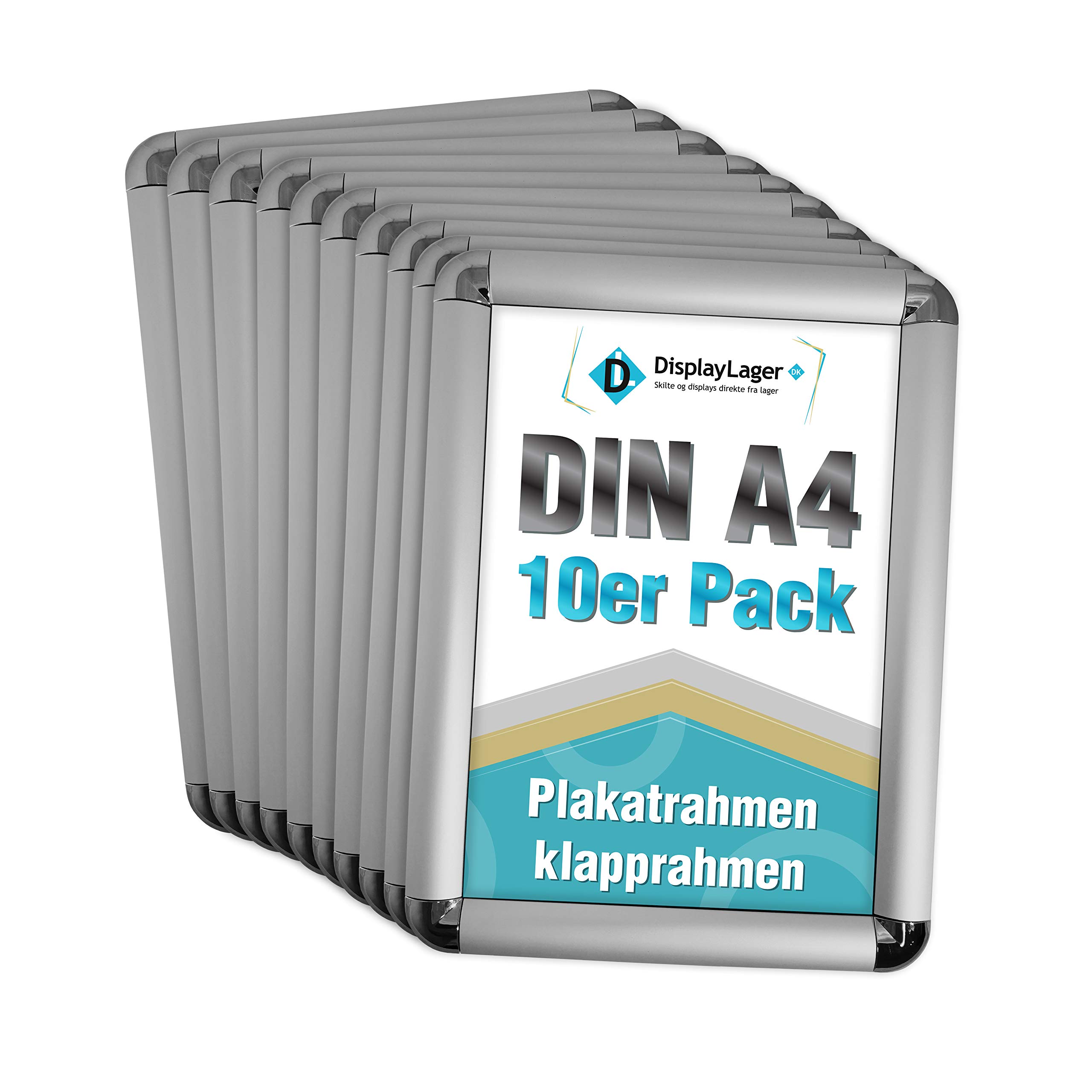 DisplayLager, Calidad danesa – Paquete de ahorro de 10 unidades, color plateado, DIN A4, marco plegable con perfil de aluminio de 25 mm, cristal protector antirreflectante, material de fijación
