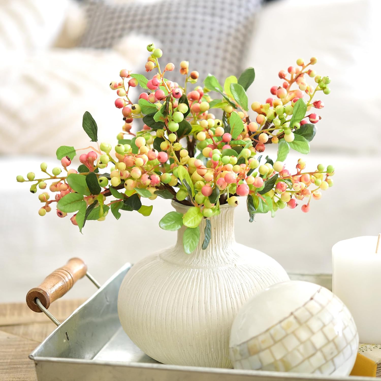 FiveSeasonStuff Artificial Fruit Holly Berries Decoration with Soft Bendable Stems for Vases, Bouquets and Floral Arrangements 10 Stem Twigs (Subtle Pink)