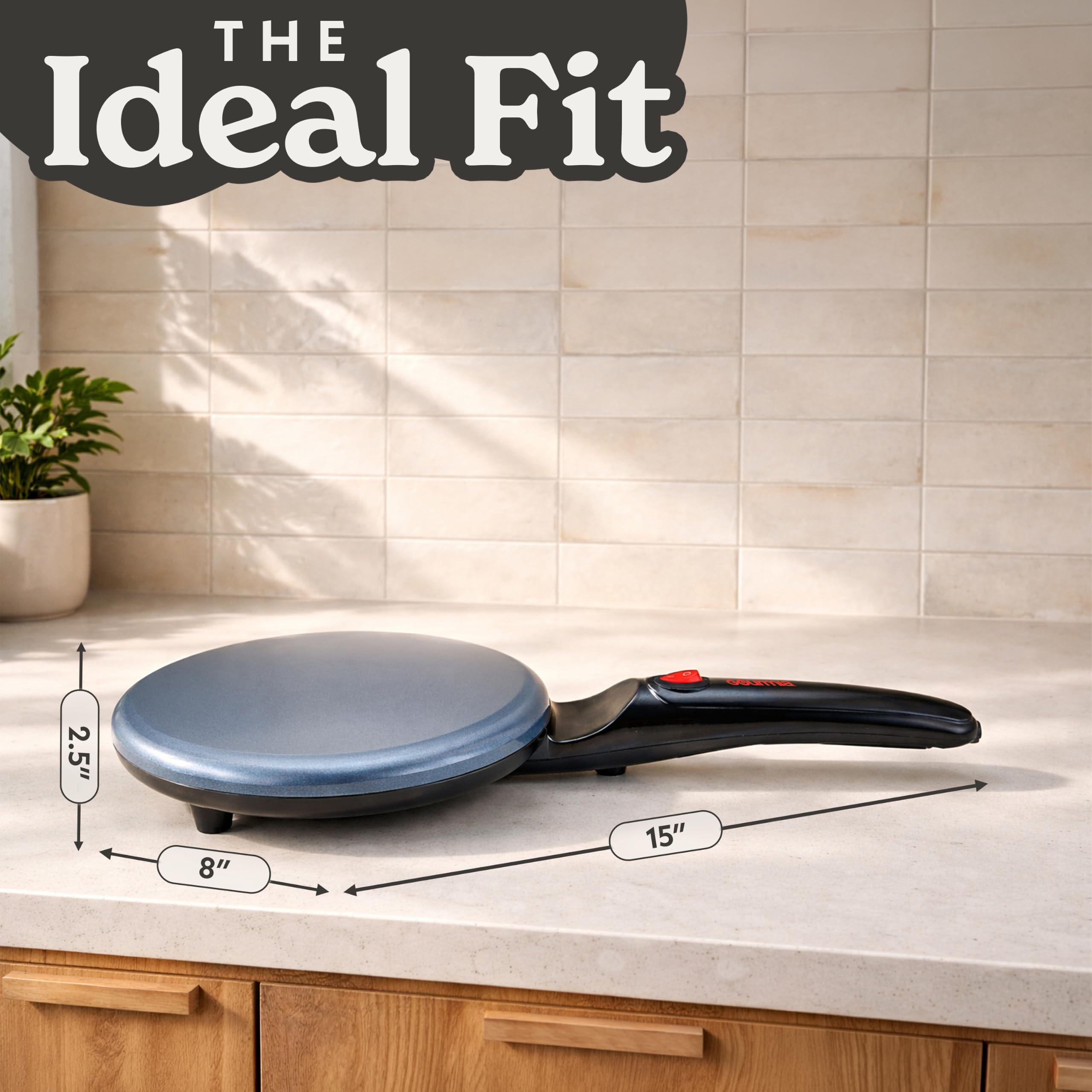Gourmia Crepe Maker 8 pollici - Piastra elettrica in ceramica antiaderente per frittelle, omelette e omelette, immersione automatica dell'impasto, compatta e leggera, riscaldamento rapido, con piastra