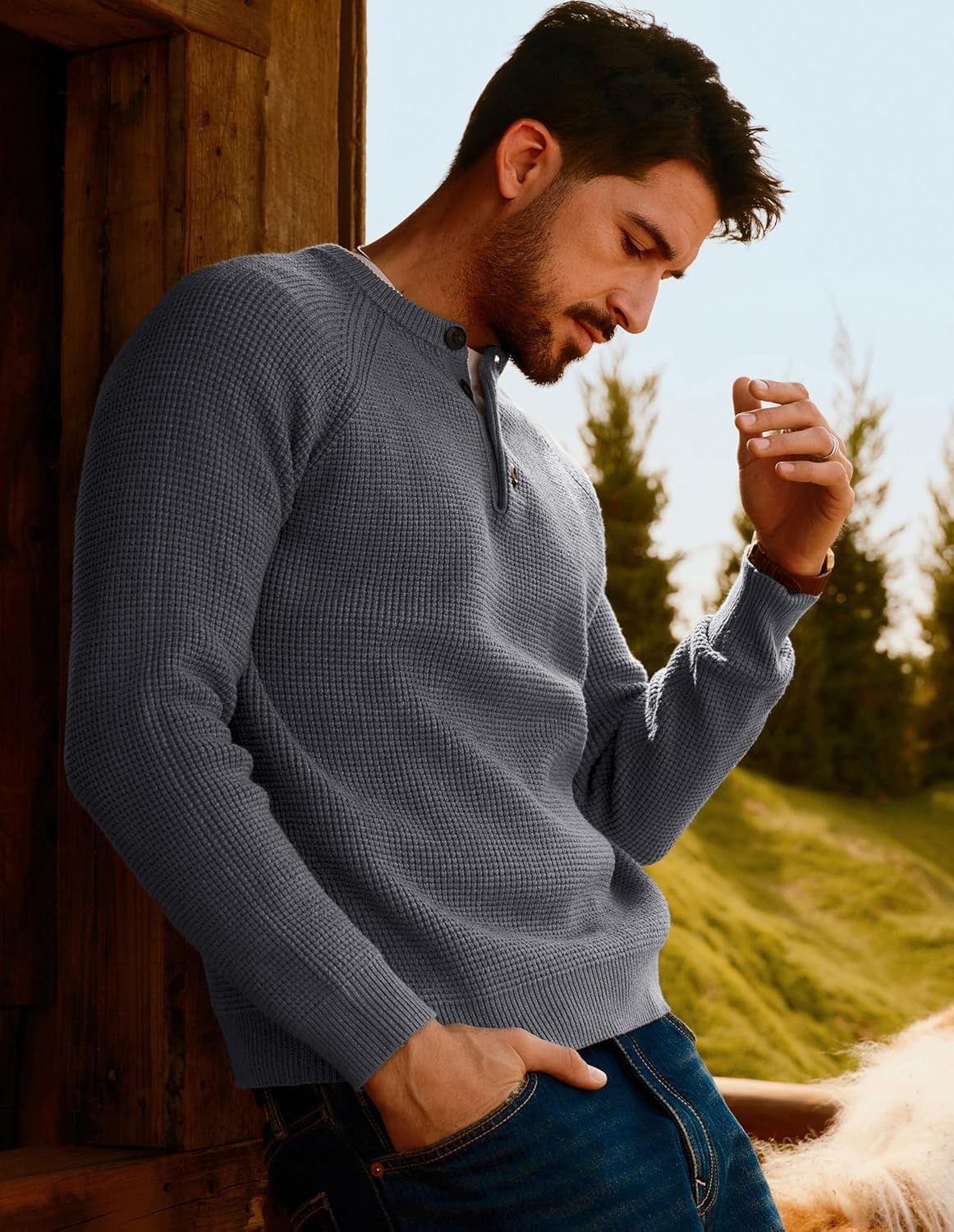 PJ PAUL JONES Mens Sweaters Casual Waffle Pullover Sweater Button Crewneck Textured Knit Henley Sweaters - Image 2