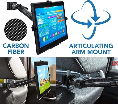 Miniatura 2 de Mount-It! Soporte para tableta de reposacabezas de coche premium con brazo ajustable, soporte de tableta de coche de fibra de carbono resistente