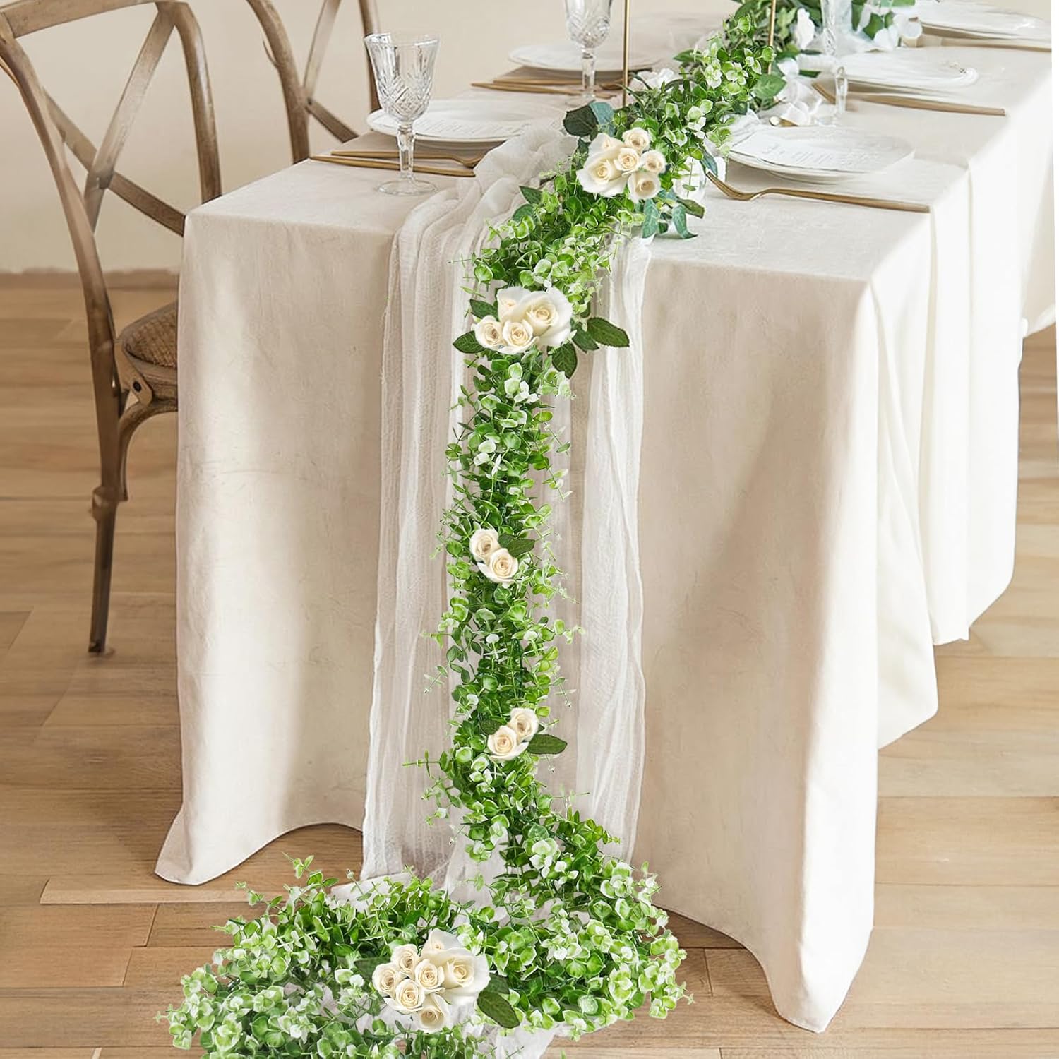 RECUTMS Faux Eucalyptus Garland Fake Hanging Eucalyptus Leaves 2Pcs Artificial Greenery Garland Hanging Vines for Spring Indoor Outdoor Wall Patio Home Party Wedding Arch Table Decor(Green White) - Image 4