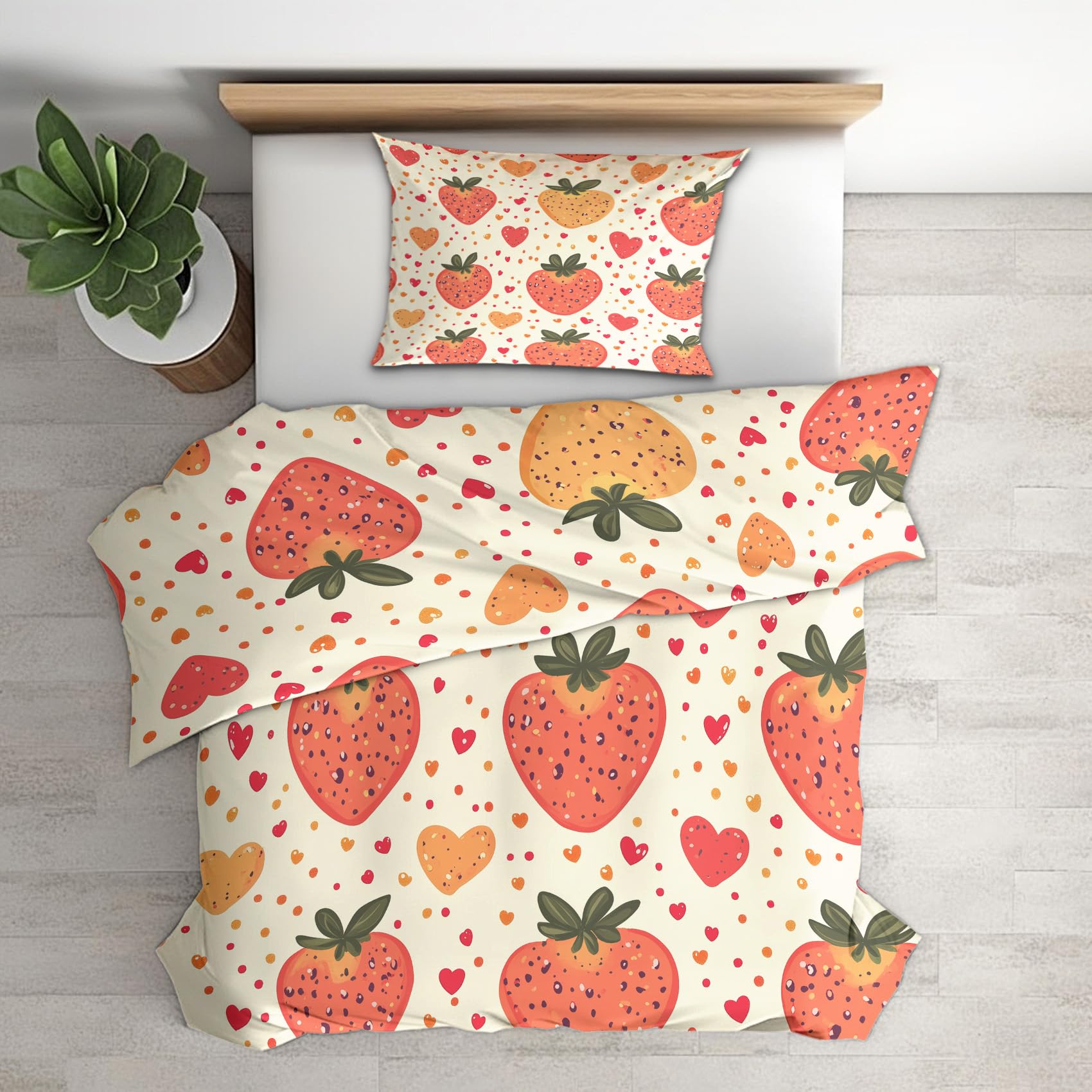 Linge de Lit 2 Personnes Housse de Couette 200x200 Fraise Réversible en Microfibre LSZFQ1672