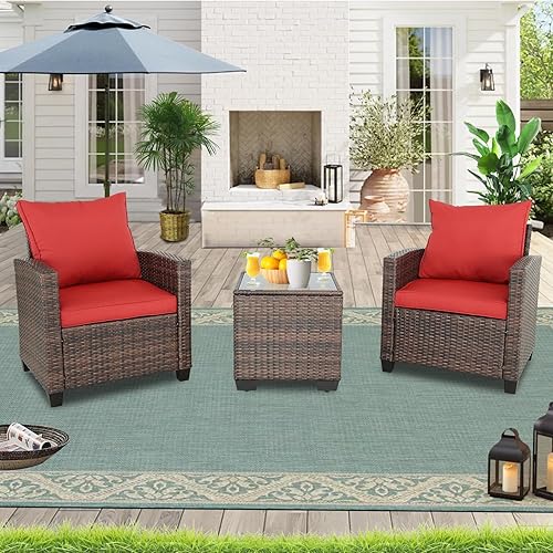 Miniatura 2 de Juego de muebles de patio de ratán para exteriores, juego de conversación seccional para exteriores de 3 asientos, 2 sillas individuales y 2