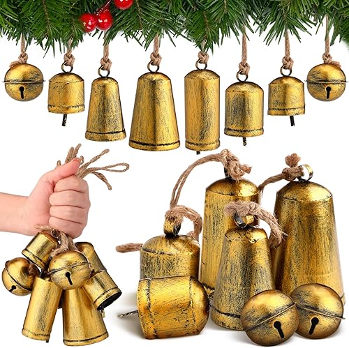 Juego de 8 campanas de Navidad – Cascabeles de cascabel y vaca de armonía – Decoración navideña vintage – Adornos de gran tamaño – Campanas