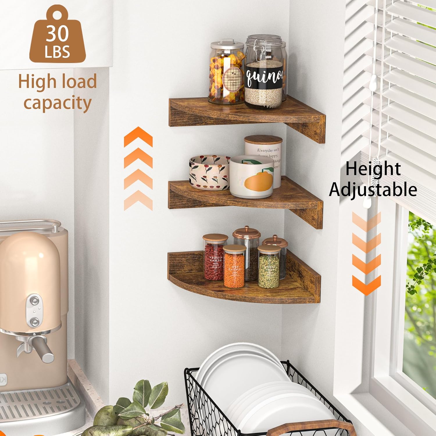 Fun Memories Corner Shelf Wall Mount, Wood Floating Corner Shelves, Corner Wall Shelf for Bedroom, Bathroom, Kitchen, Living Room (Brown, 3 Pack)