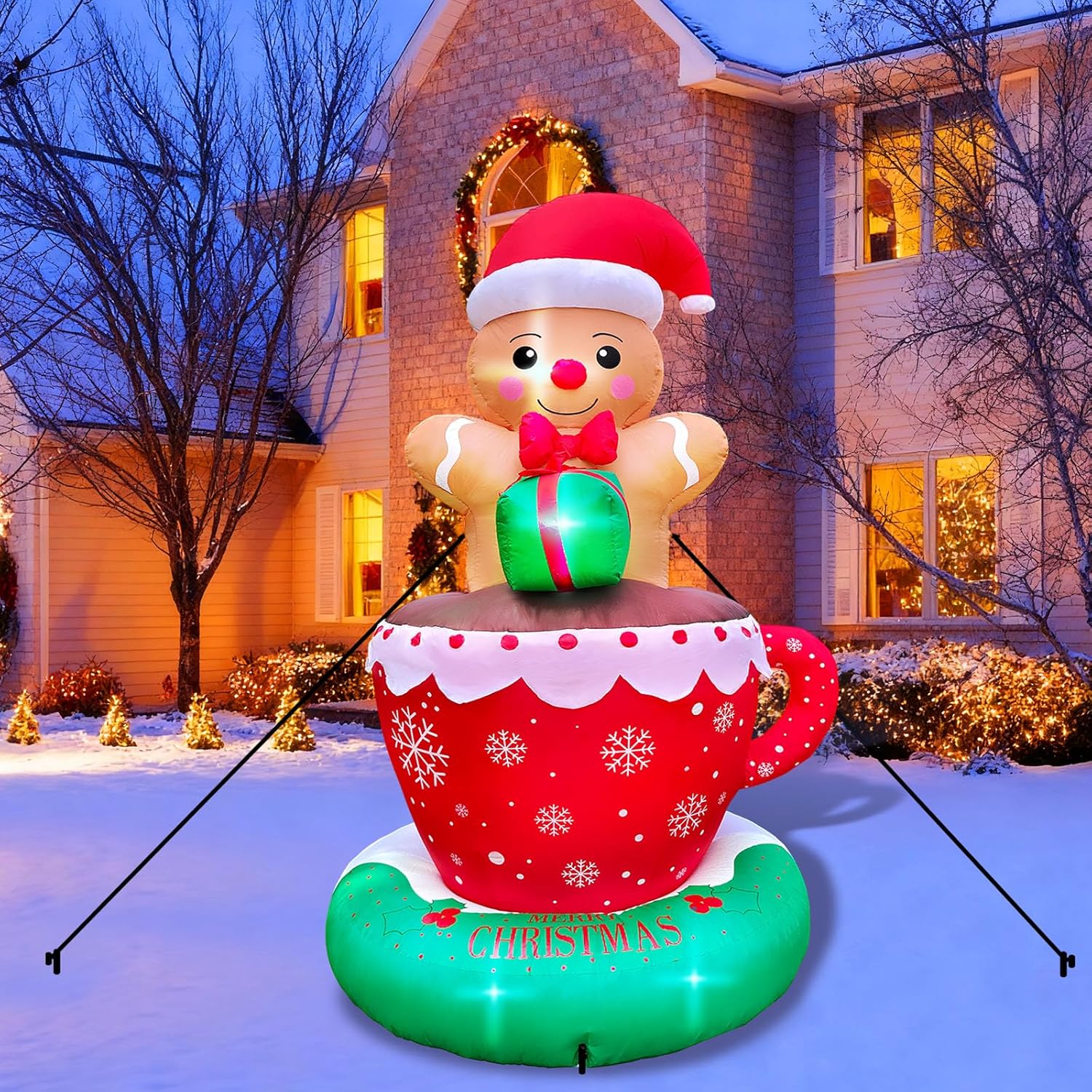 8 FT Christmas Inflatable Gingerbread Man in Hot Cocoa Mug Outdoor Decorations with 6 LED Lights Holiday Yard Decoration Christmas Blow Up Decor Large Sets for Garden Lawn Xmas Party - Image 7