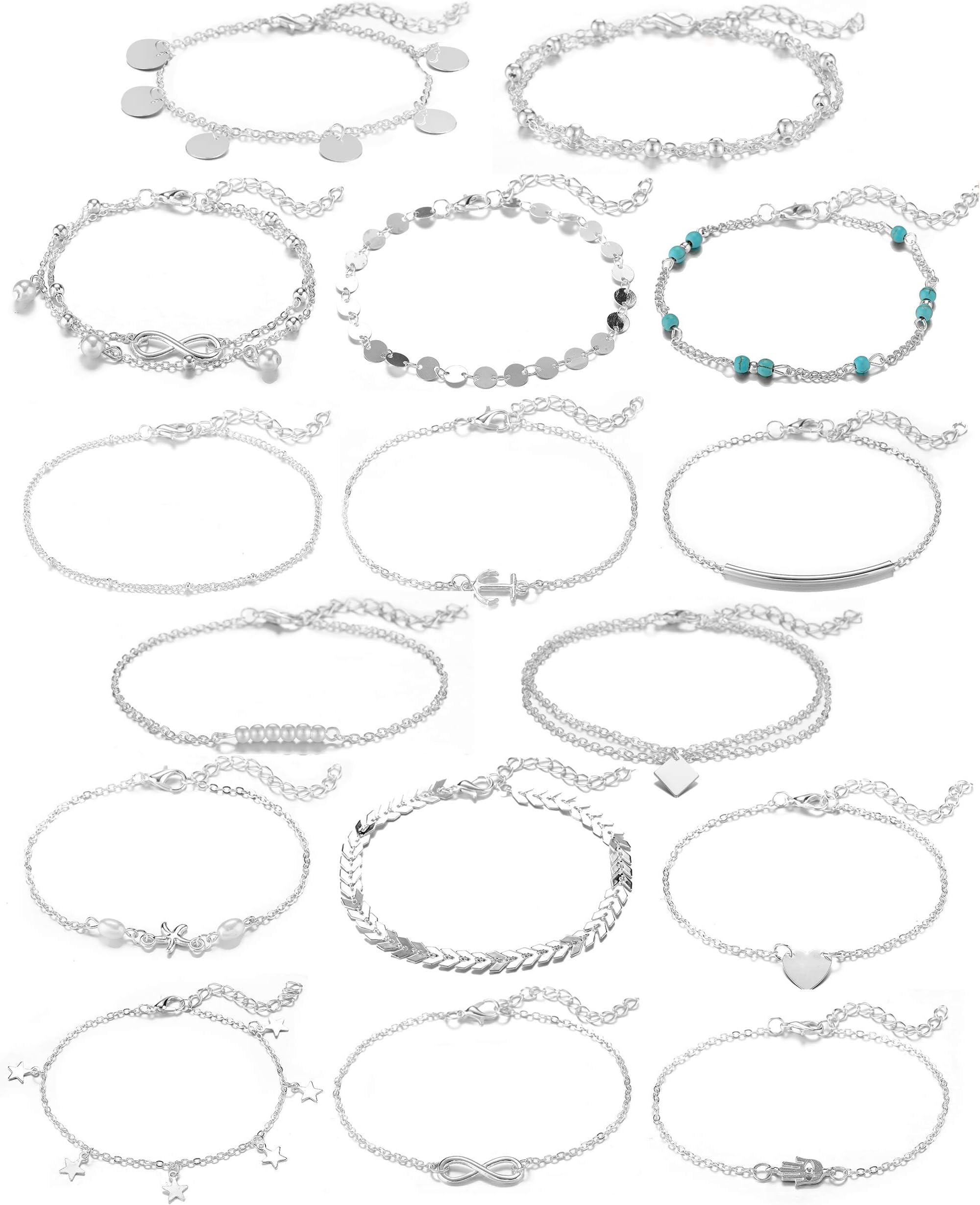 16Pcs Ankle Bracelets for Women Gold Silver Two Style Chain Beach Anklet Bracelet Jewelry Anklet Set,Adjustable Size