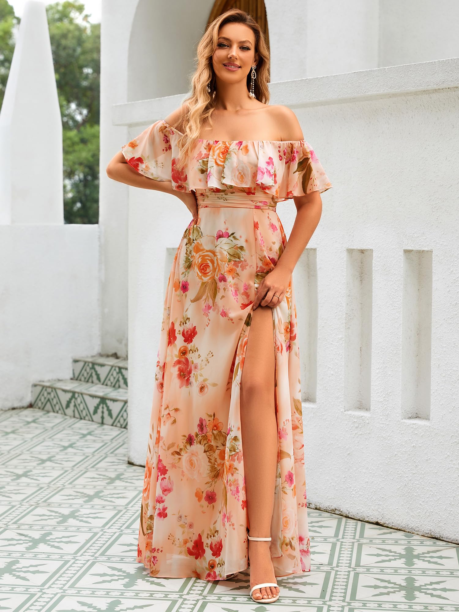 Ever-Pretty Damen Abendkleid A-Linie Chiffon Off Shoulder Dekolletiert Ärmellos Rüschen Hohe Taille 00969
