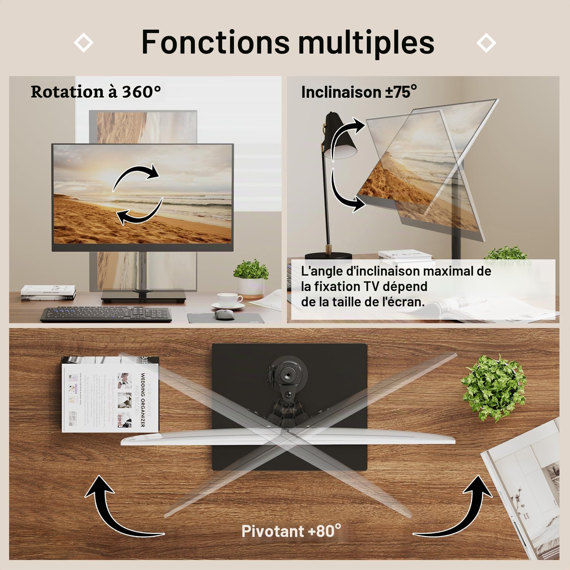 BONTEC Support Écran 13-32 Pouces, Bras Réglable Moniteur Plat/Incurvé, Socle Verre Trempé, Inclinaison ±75°, Pivotement ±80°, Rotation 360°, Max 10kg, VESA 75/100mm