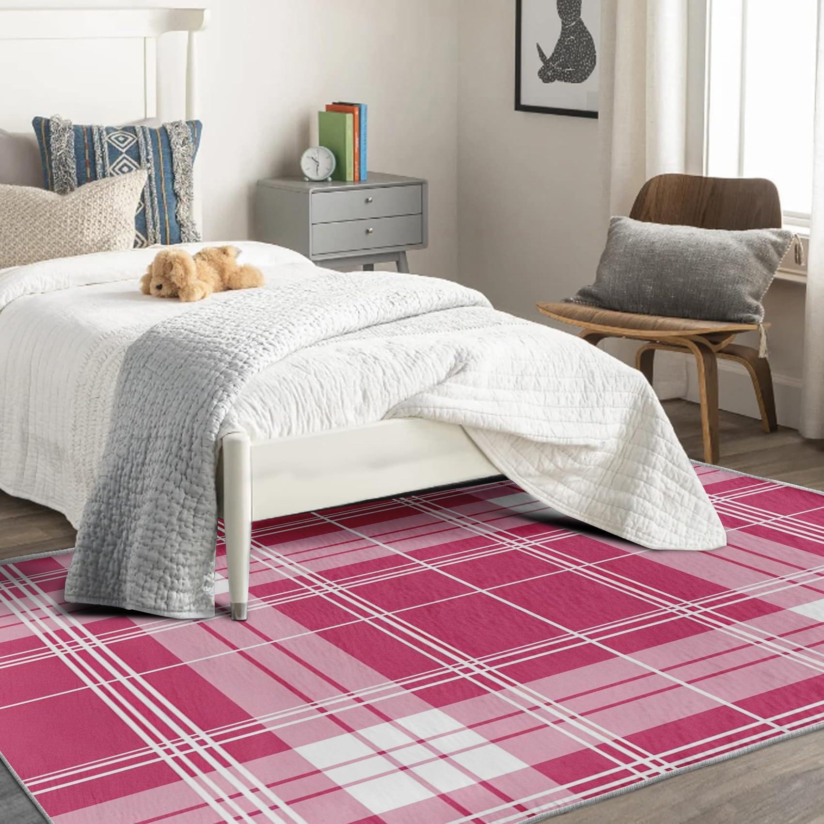 Tapis Lavable 200 x 290 cm, Tapis Vichy Rose et Blanc, Tapis à Carreaux Buffalo pour entrée, Tapis antidérapant Doux à Carreaux pour Salon, Chambre, Bureau, Chambre de Fille