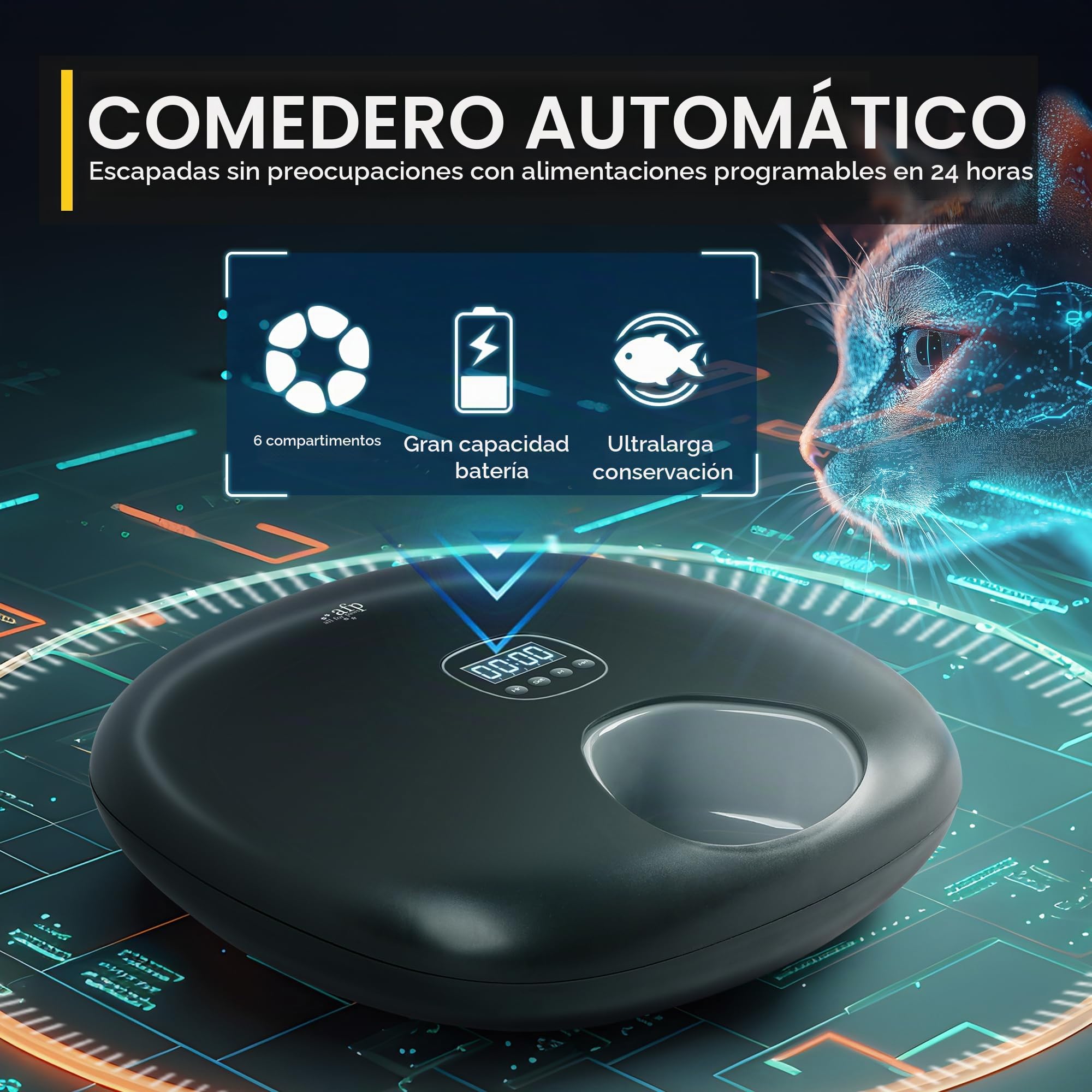 ALL FOR PAWS Dispensador Automático Inalámbrico de Comida para Gatos – para Alimento Húmedo y Seco con 2 Paquetes de Frío, Programable para 6 Comidas con Temporizador e Indicador de Batería Baja