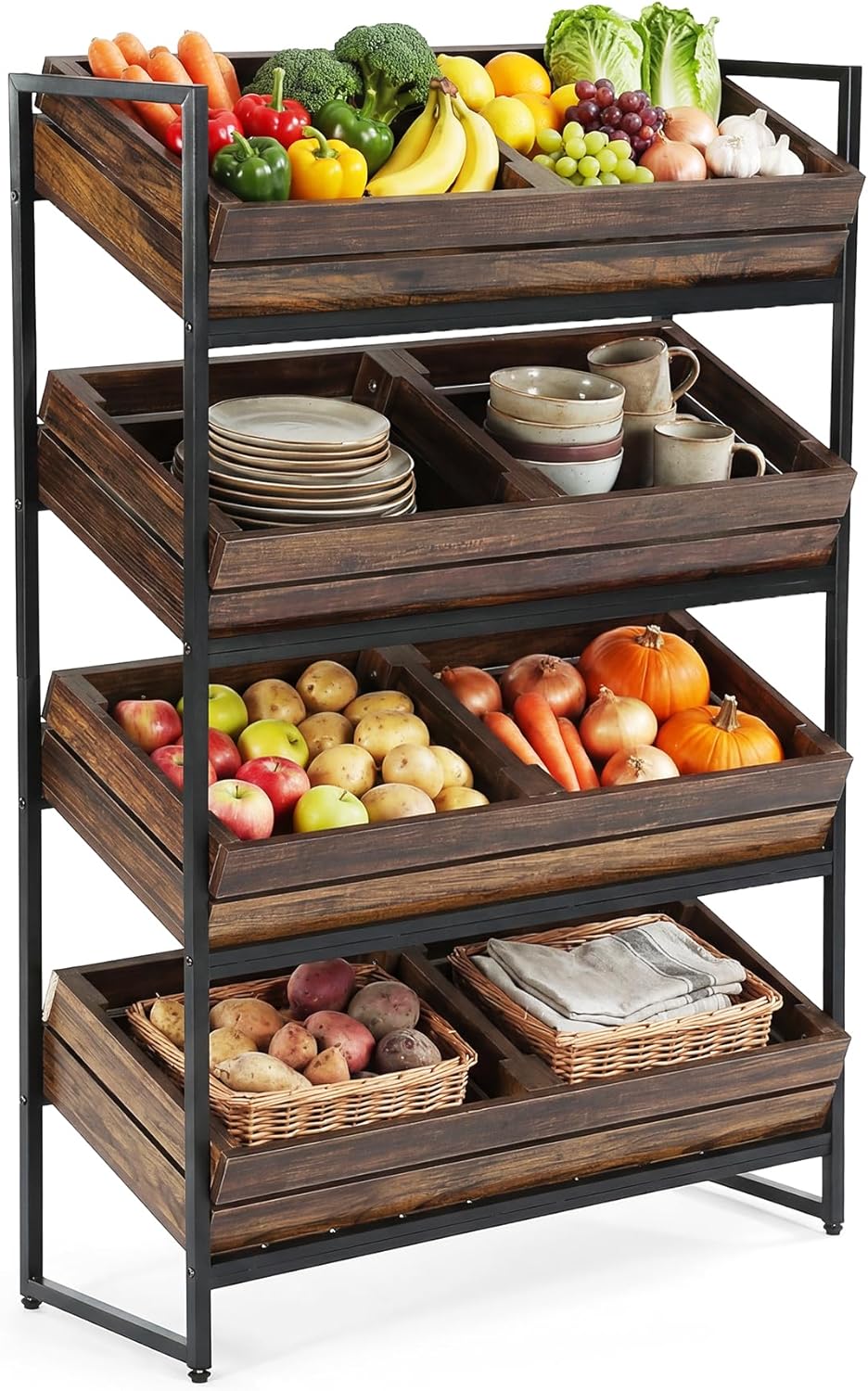 LITTLE TREE 4-Tier Fruit and Vegetable Storage Basket Stand Rack, Retail Display Shelf, Large Snack Shelf for Kitchen, Living Room, Supermarket (Brown + Black)