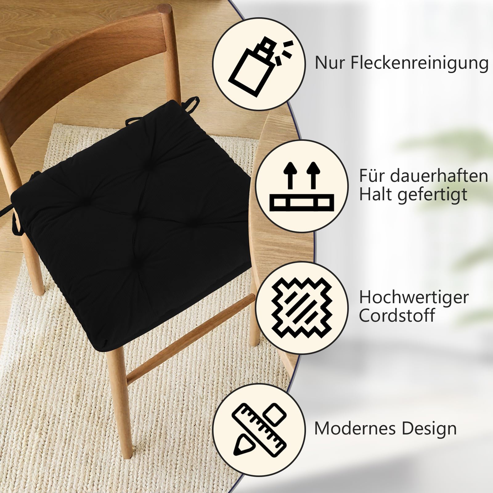 Sitzkissen, 2er Set Stuhlkissen aus Cordstoff, Memory Foam mit Doppel-Layer Design, Befestigungsriemen & Tacker-Design, Pflegeleicht für Esszimmer & Bürostühle, 45x45x8cm, Schwarz