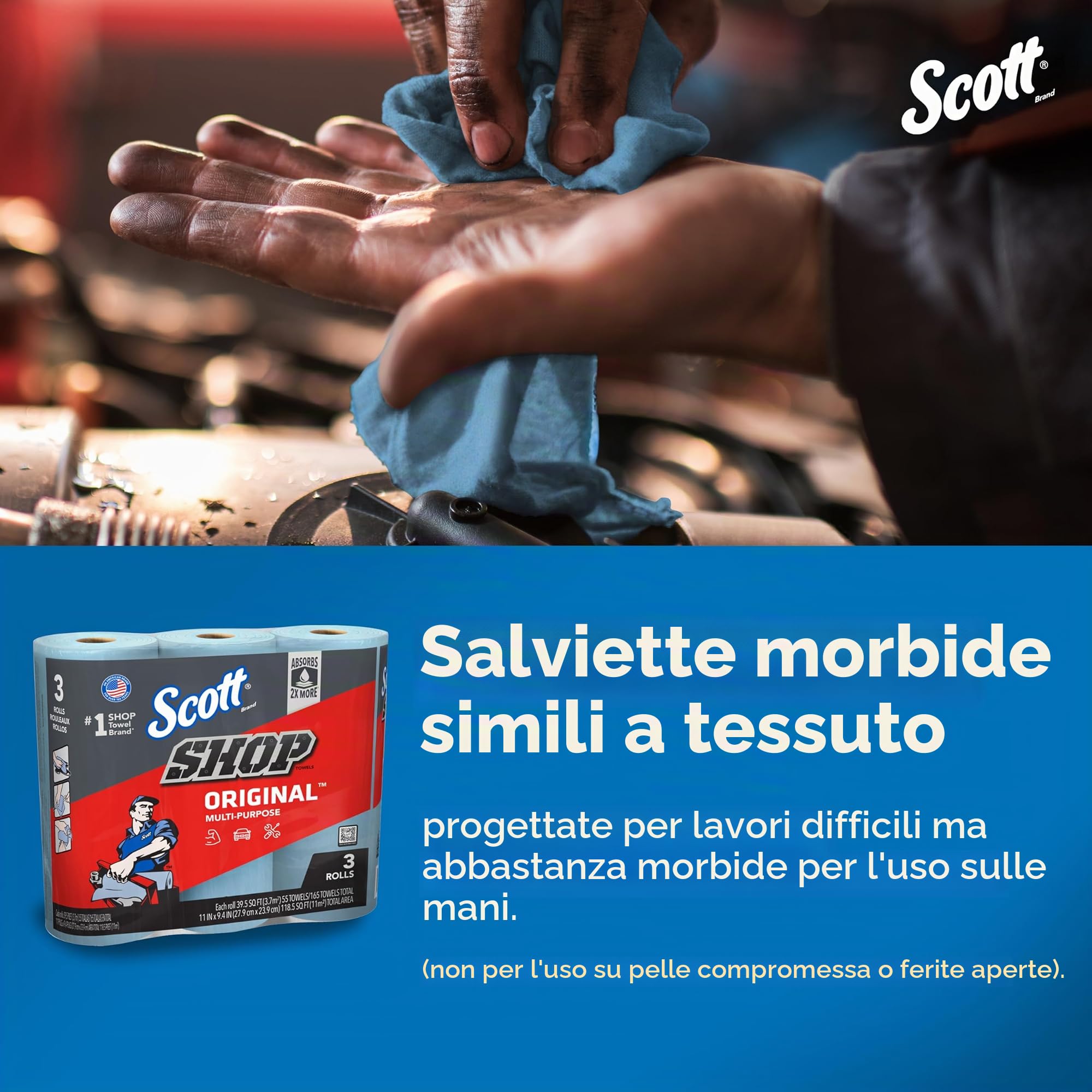 Scott Shop Towels Original (75143), blu, 55 fogli/rotolo standard, 30 rotoli/custodia (10 pacchi di 3 rotoli), 1.650 asciugamani/custodia