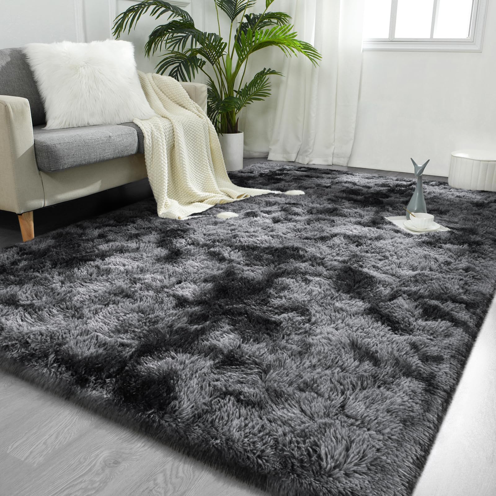 FlyDOIT 6x9 Feet Large Area Rugs for Living Room, Tie-Dyed Black and Grey Shaggy Rug Fluffy Throw Carpets, Ultra Soft Plush Modern Indoor Fuzzy Rugs