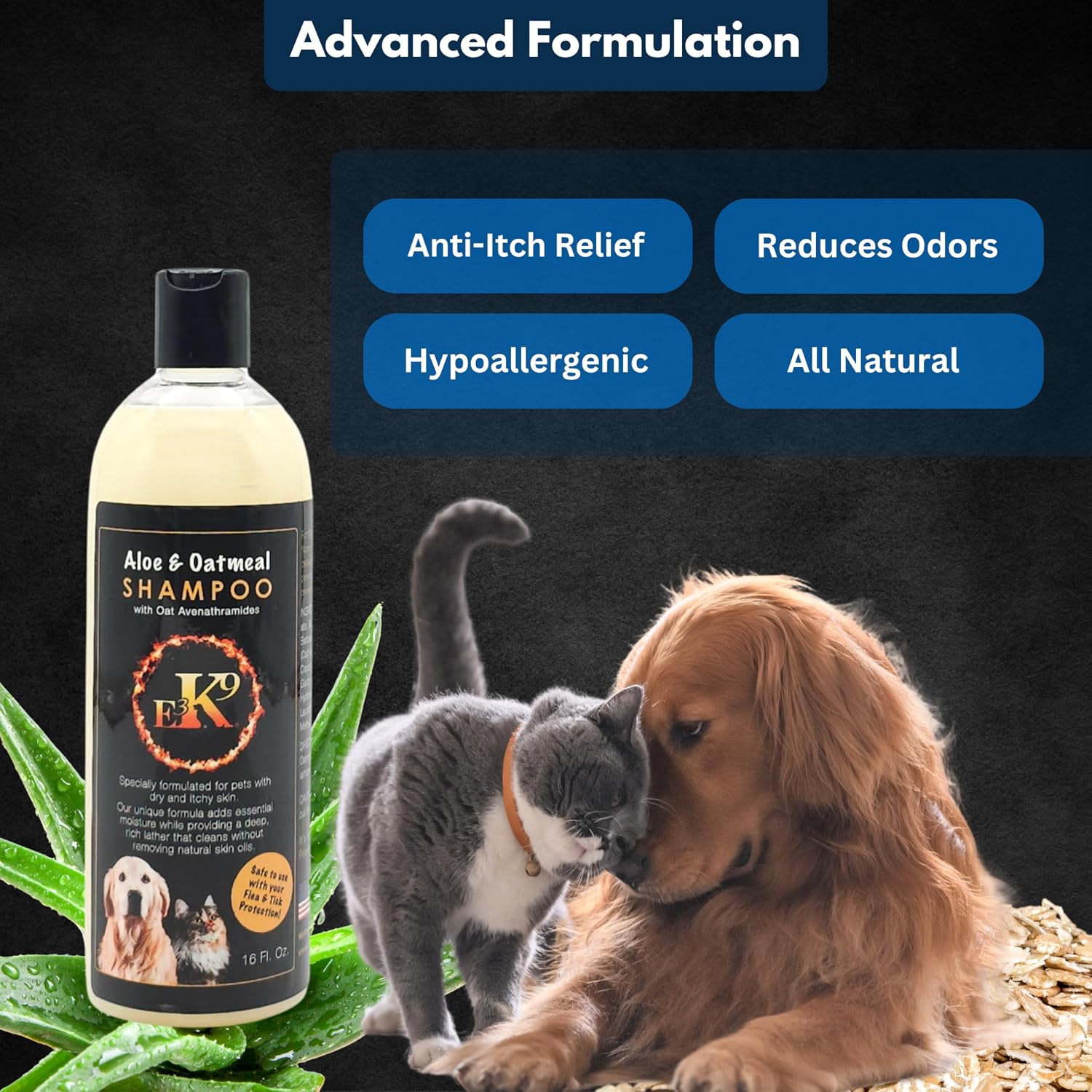 E3 Oatmeal Shampoo for Dogs and Cats - Hypollergenic - Aloe & Oatmeal Itchy Skin Relief - Dog Shampoo for Allergies & Itching - Oatmeal & Aloe, Soothes Sensitive Skin - Shampoo de Avena para Perros image 3