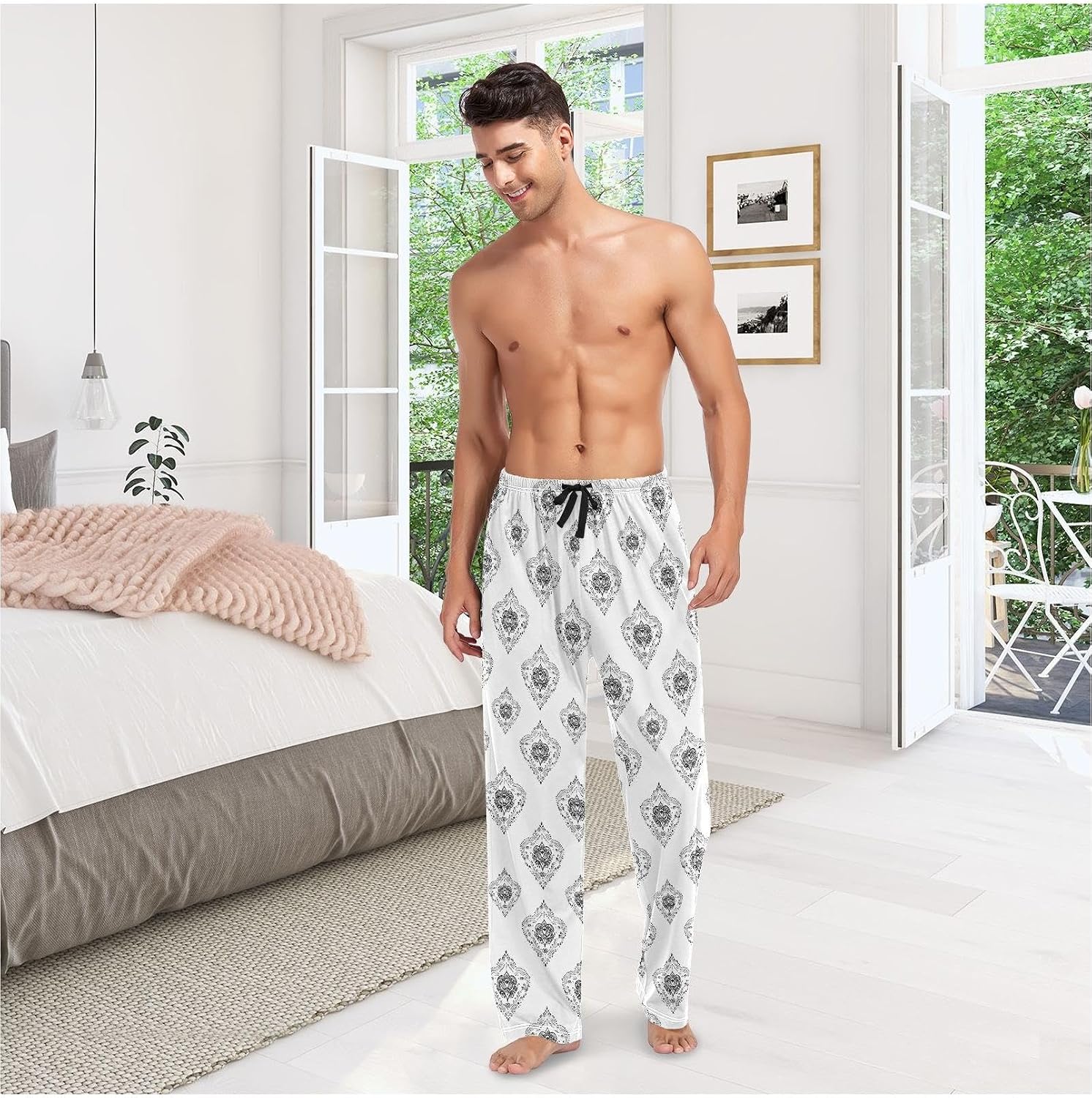 ZZKKO Pajamas Pants for Men Black Gray Vintage Pattern Men's Pajama Bottoms Cotton PJ Pants for Mens S