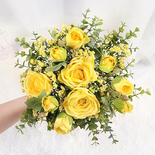 Miniatura 4 de DEEMEI 2 paquetes de flores artificiales, rosas de peonía de seda, aliento de bebé, hojas de eucalipto, ramos de novia para centros de mesa