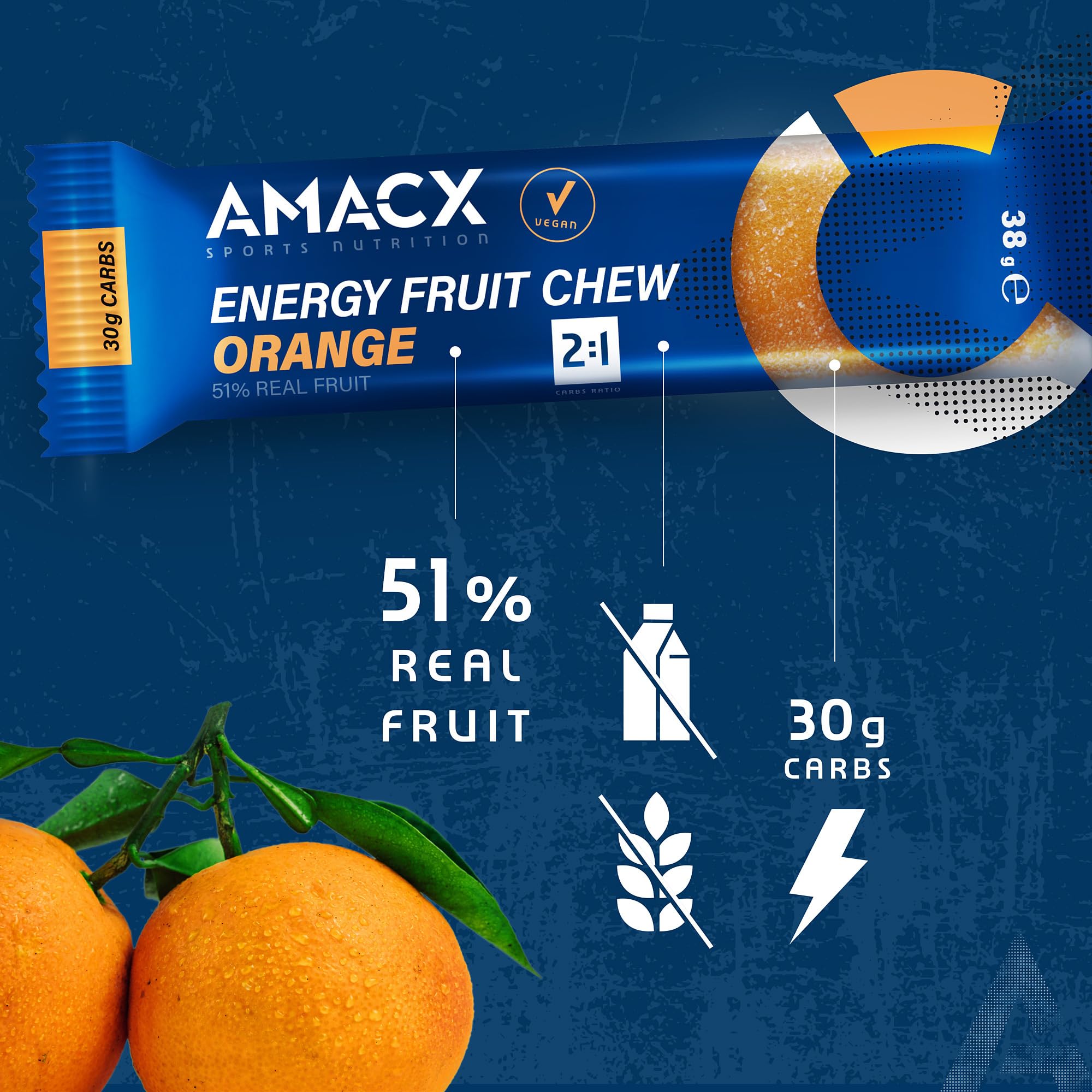 AMACX Energy Bar Fruit Chew – 51% Frutta Vera – Barrette Energetiche Ciclismo e Corsa – Confezione da 12 – Vegana, Senza Glutine – 2:1 Carboidrati – Barrette Fitness con Elettroliti – Arancia