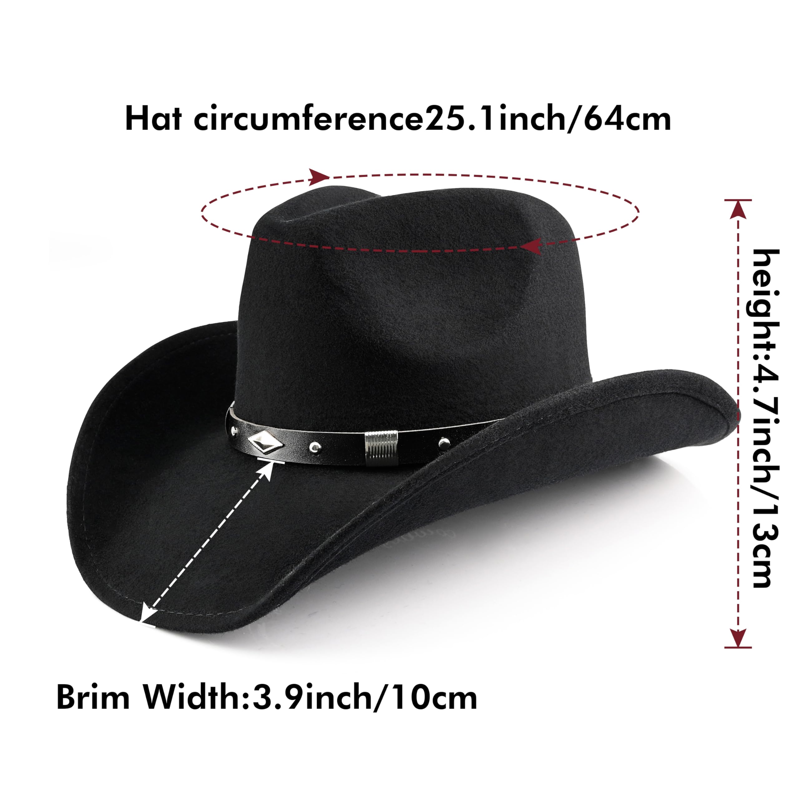 100 % lana para hombre y mujer, sombrero vaquero clásico negro, sombrero de vaquera, sombrero de fieltro con dos bandas decorativas