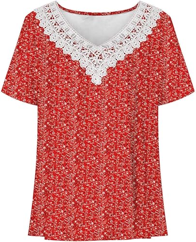 Miniatura 2 de Camisas para mujer, camiseta casual de manga corta, color liso, cuello en V, blusa de verano con estampado elegante, camiseta holgada 2024