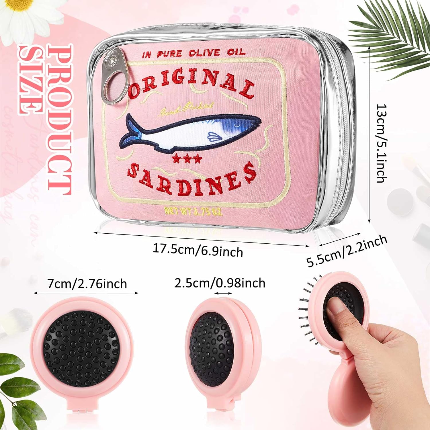 Reginary 2 Pcs Pink Canned Sardines Makeup Bag and Mini Hair Brush with Mirror Cute Cosmetic Bag Folding Hair Brush Kawaii Pencil Case Pouch Portable Travel Toiletry Bag Funny Waterproof for Women - Image 2
