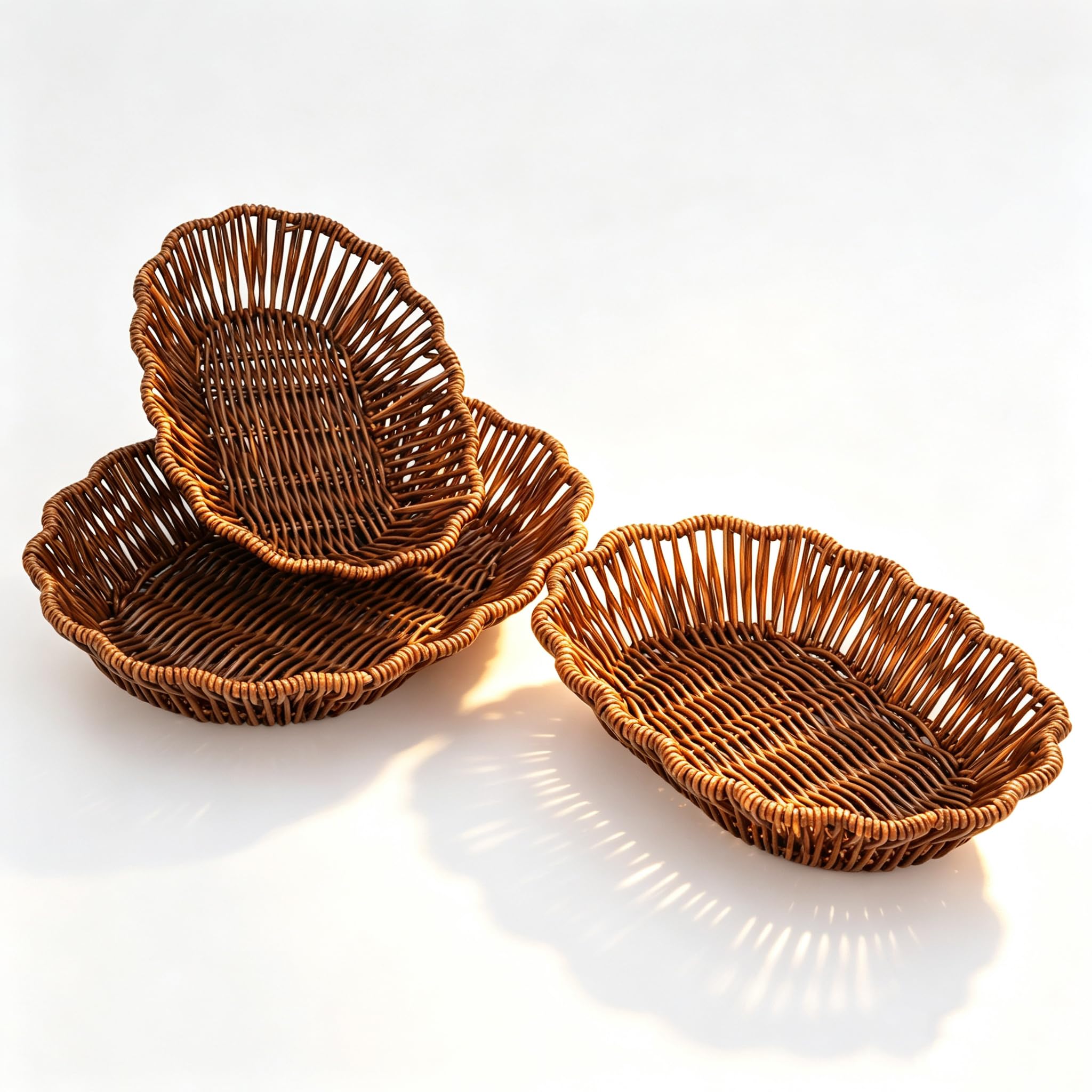 Wicker Basket 3 Pack, Washable, Synthetic Rattan Tray, Food Serving Display (Oval)