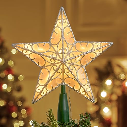 JOIEDOMI 9 inch Silver PVC Star Christmas Tree Topper, with 10 Warm White Light Glitter Swirl Battery Powered Indoor Decorations for Home Holiday Xmas Party