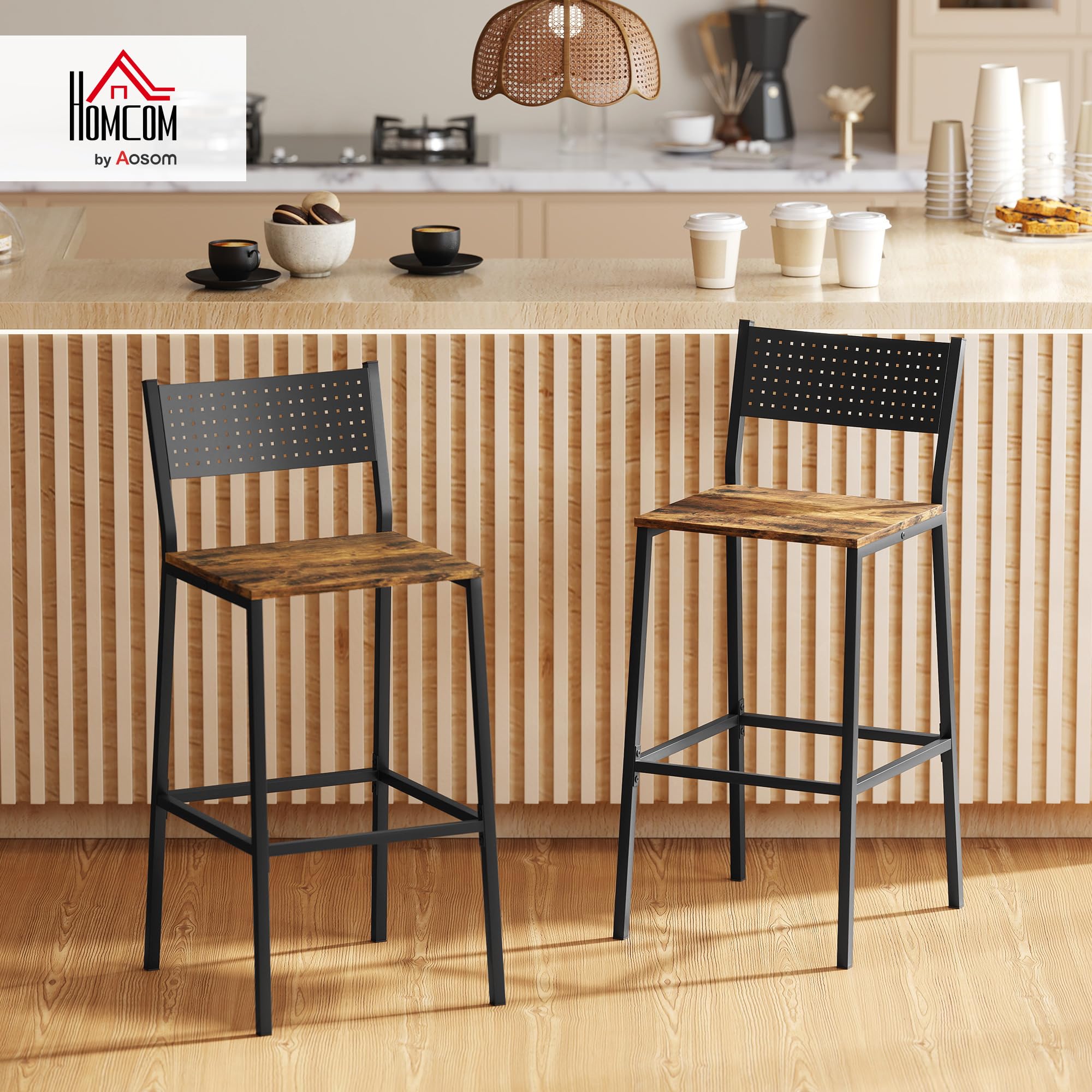 HOMCOM Lot de 2 tabourets de Bar, Assise 72,5H cm, Dossier, Brun Rustique